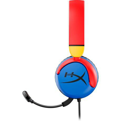 Ein blaues, rotes und gelbes HyperX-Gaming-Headset mit einem schwarzen Mikrofon. Der Hintergrund ist weiß.