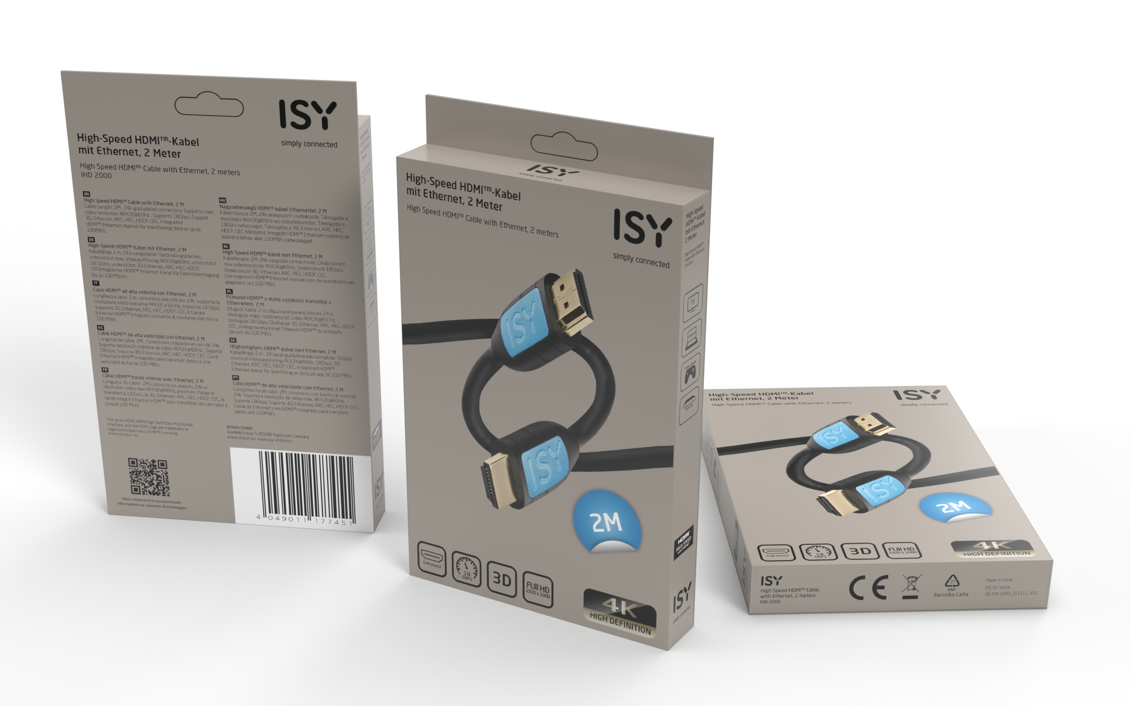Opakowanie kabla HDMI: trzy pudełka pokazujące kabel, funkcje i specyfikacje.
