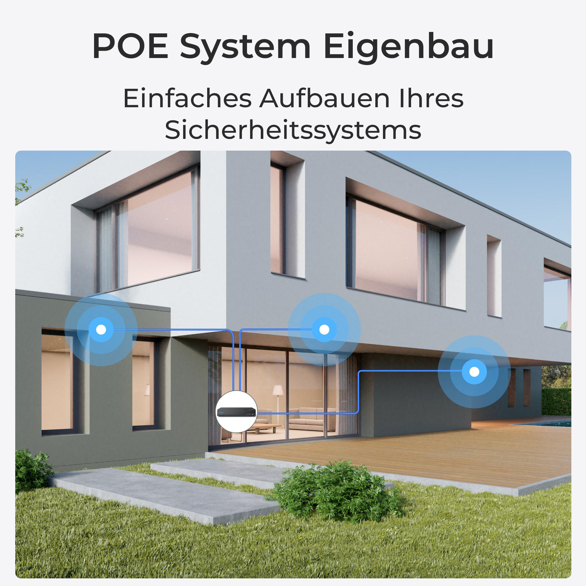 Hausaußenansicht mit Textüberlagerung über POE-System. Blaue Linien verbinden das Haus mit Kreisen.