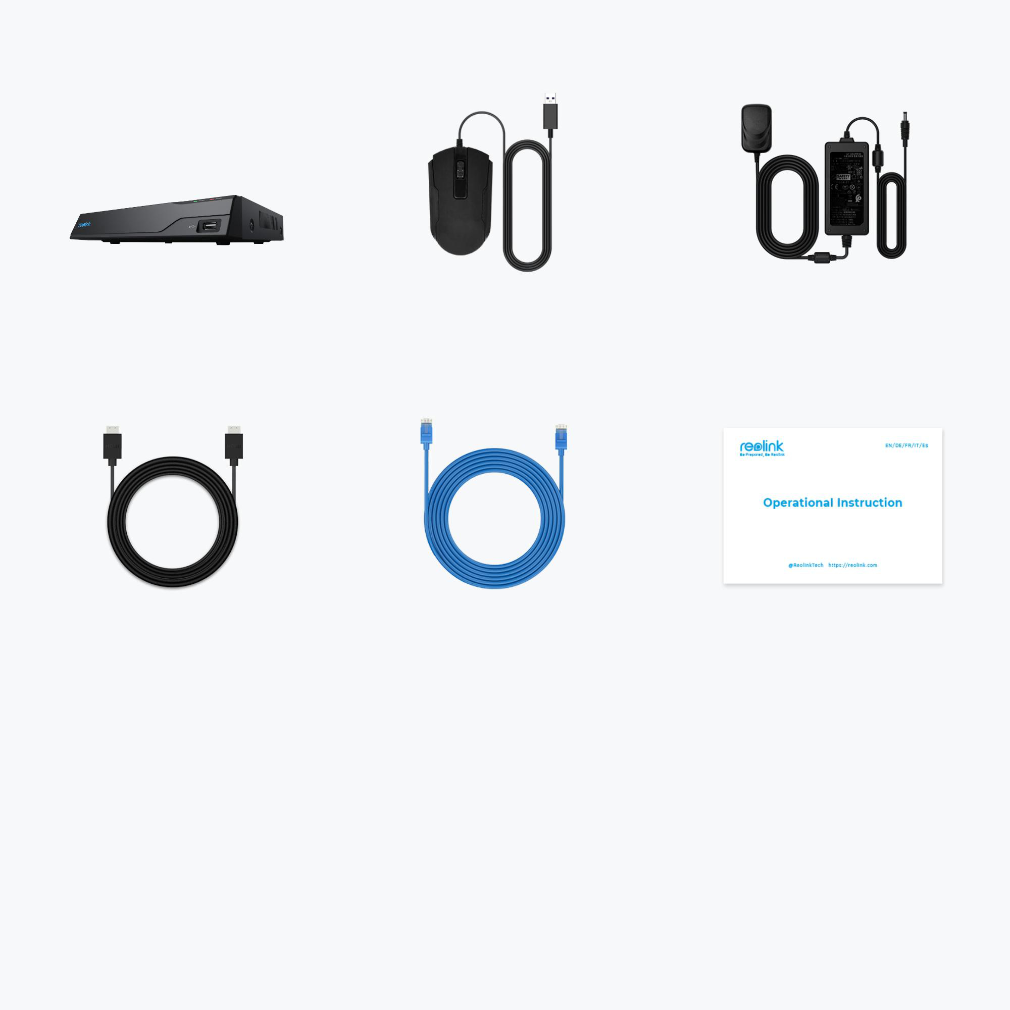 Mehrere Tech-Artikel: ein DVR, eine Maus, Kabel und ein Reolink-Handbuch, alles auf hellem Hintergrund.