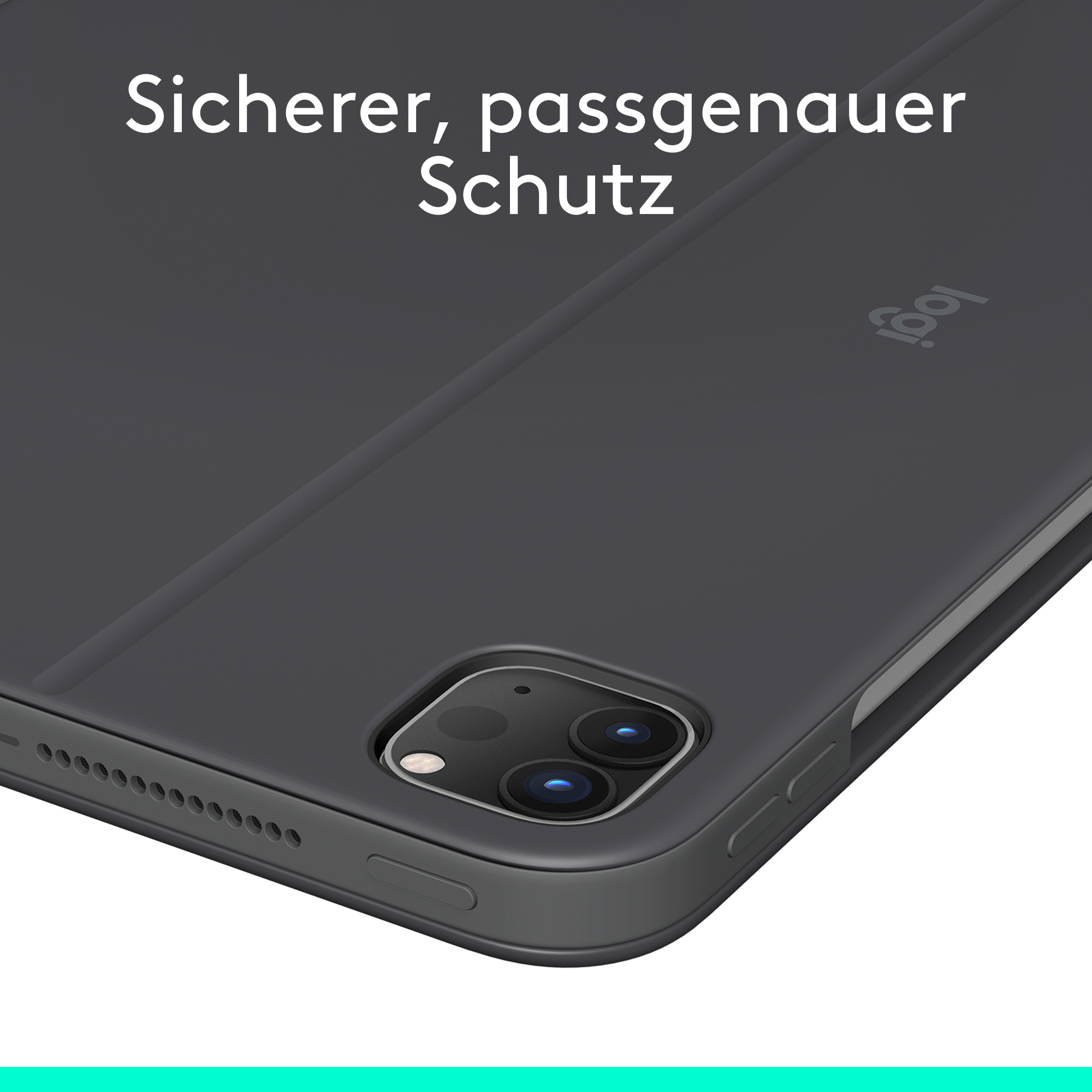 Schwarze Tablethülle mit Kameraausschnitt und dem Logitech-Logo.