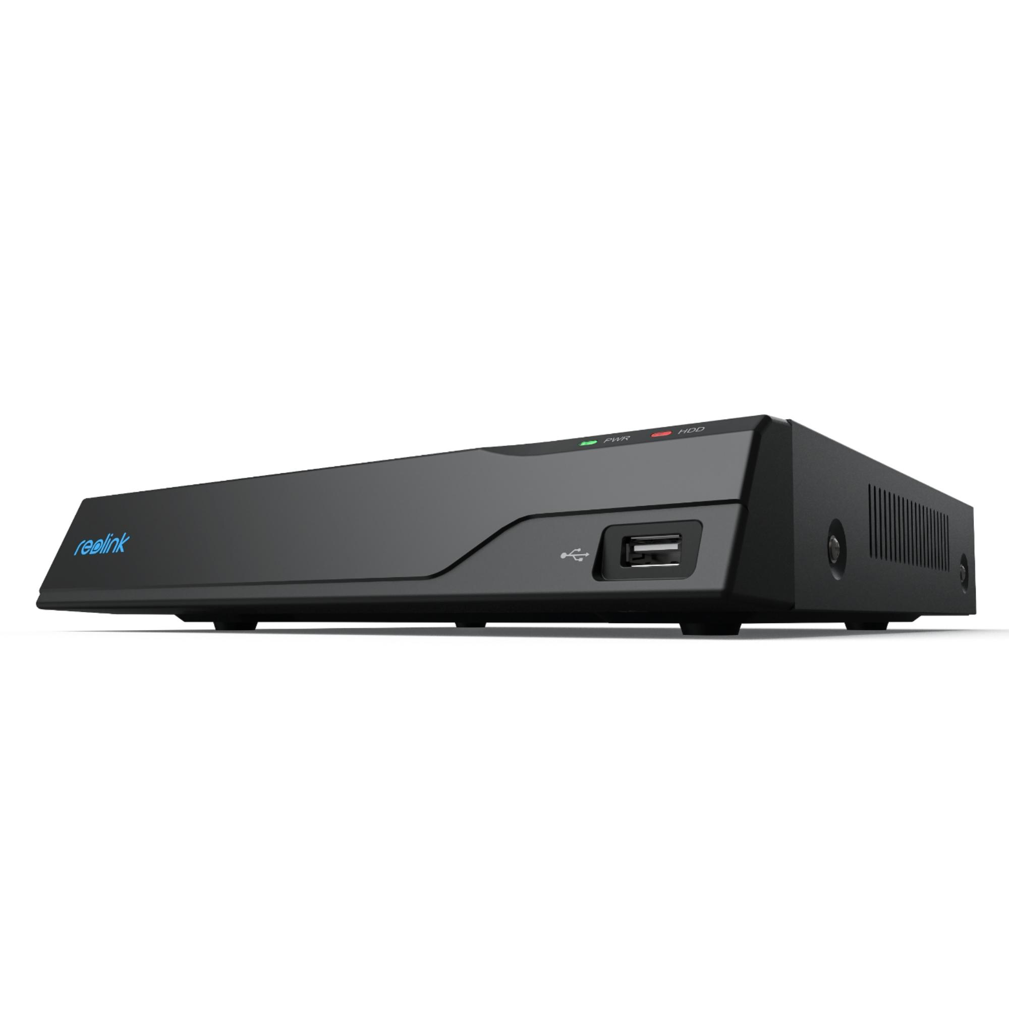 Ein schwarzes Reolink Sicherheits-DVR-Gerät. Es ist rechteckig mit einem USB-Anschluss und Power- und HDD-Anzeigen.