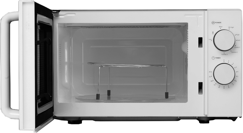 White microwave oven with open door, interior with a glass tray.