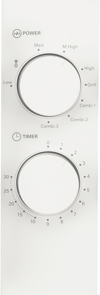 White appliance control panel with two dials. One for power and the other for timer.