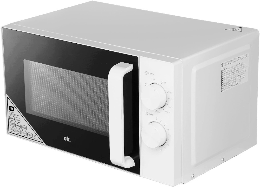 A white microwave oven with control dials and a handle.