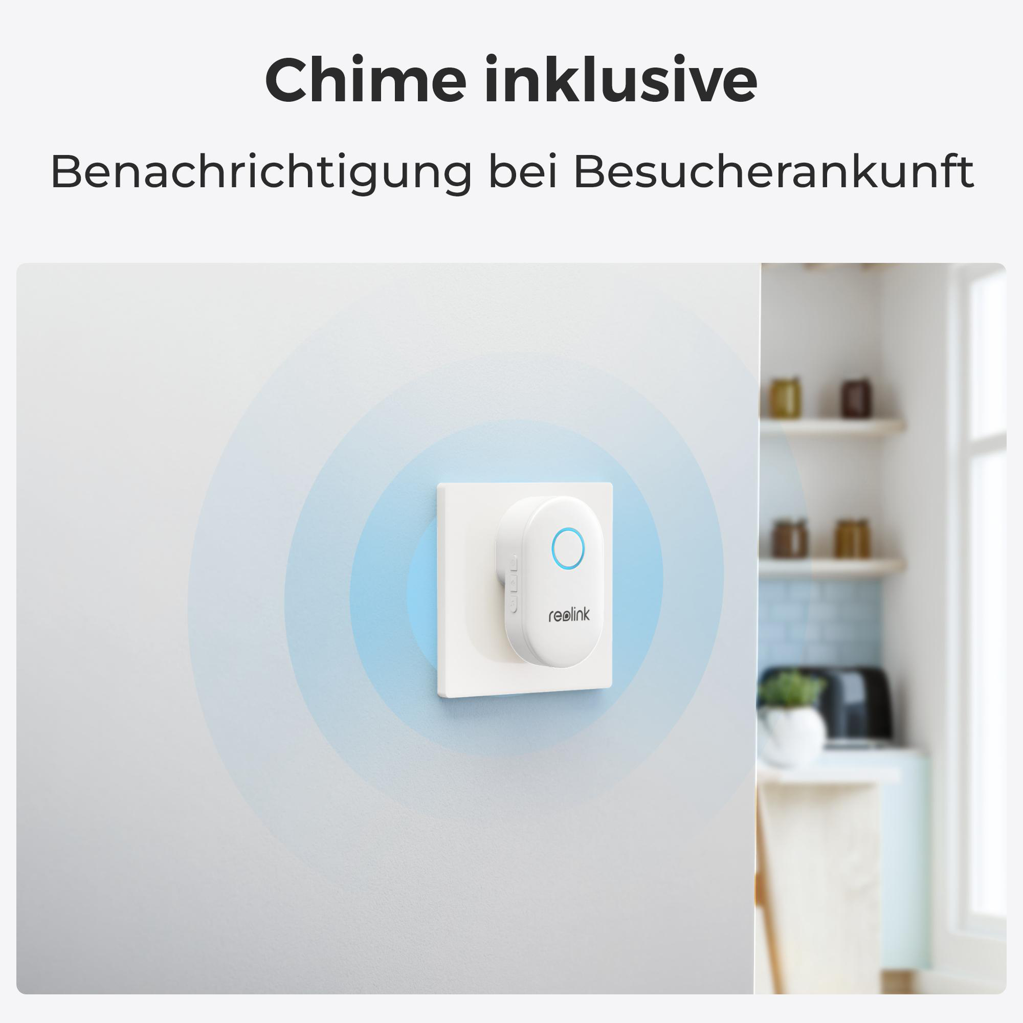 Eine weiße Türklingel. Es hat einen blauen Lichtring. Der Text lautet "Chime inklusive".