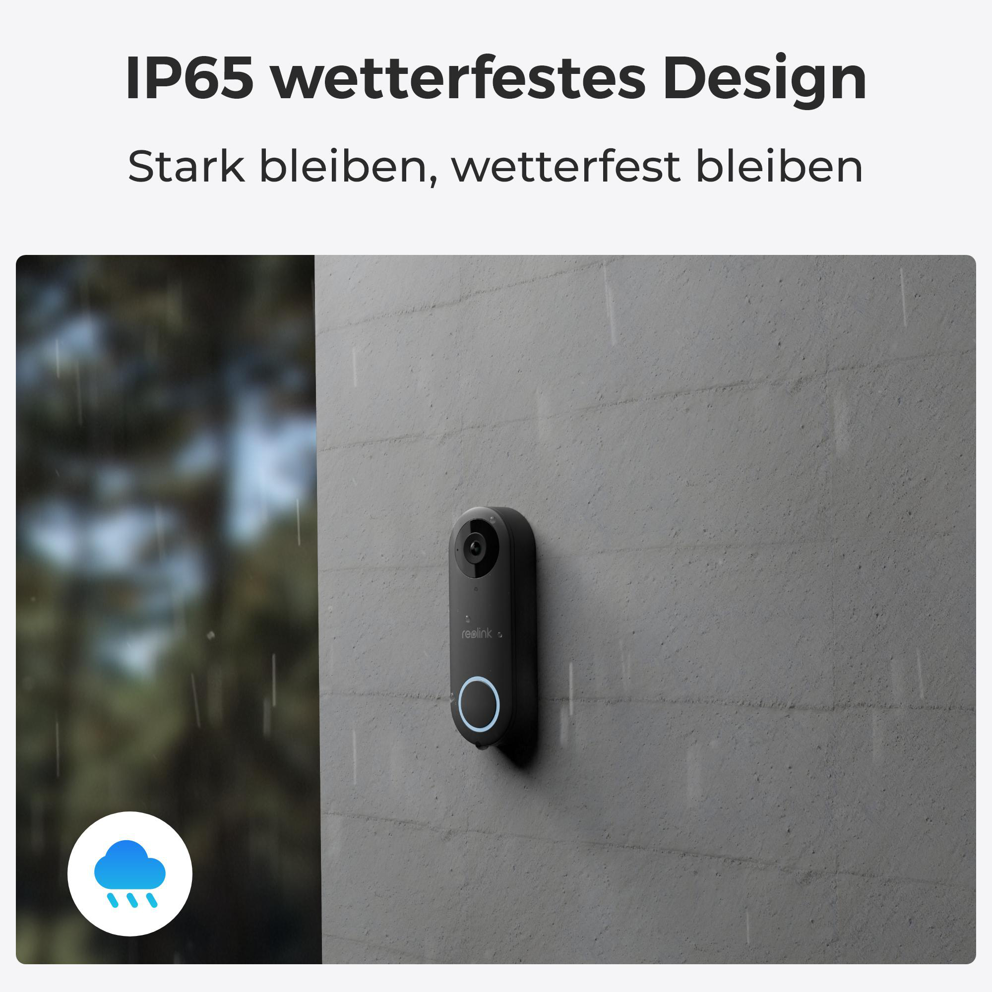 Schwarze Türklingel an grauer Wand mit Regen. Text: IP65 wetterfestes Design, Stark bleiben, wetterfest bleiben.