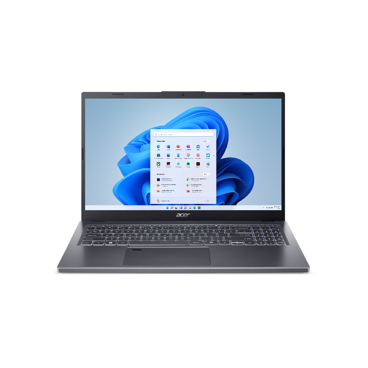 Laptop met een grijze behuizing en een scherm met een Windows 11 interface.