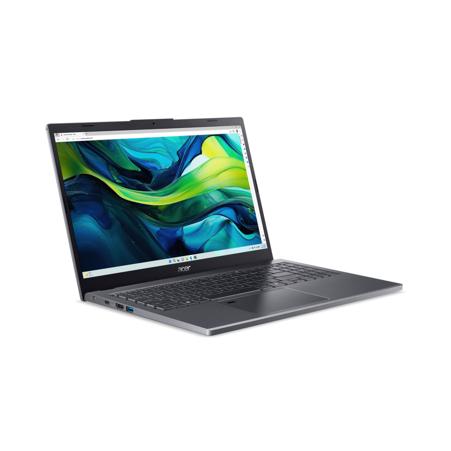 Acer laptop, grijze kleur, open op een tafel. Het scherm toont een webbrowser.