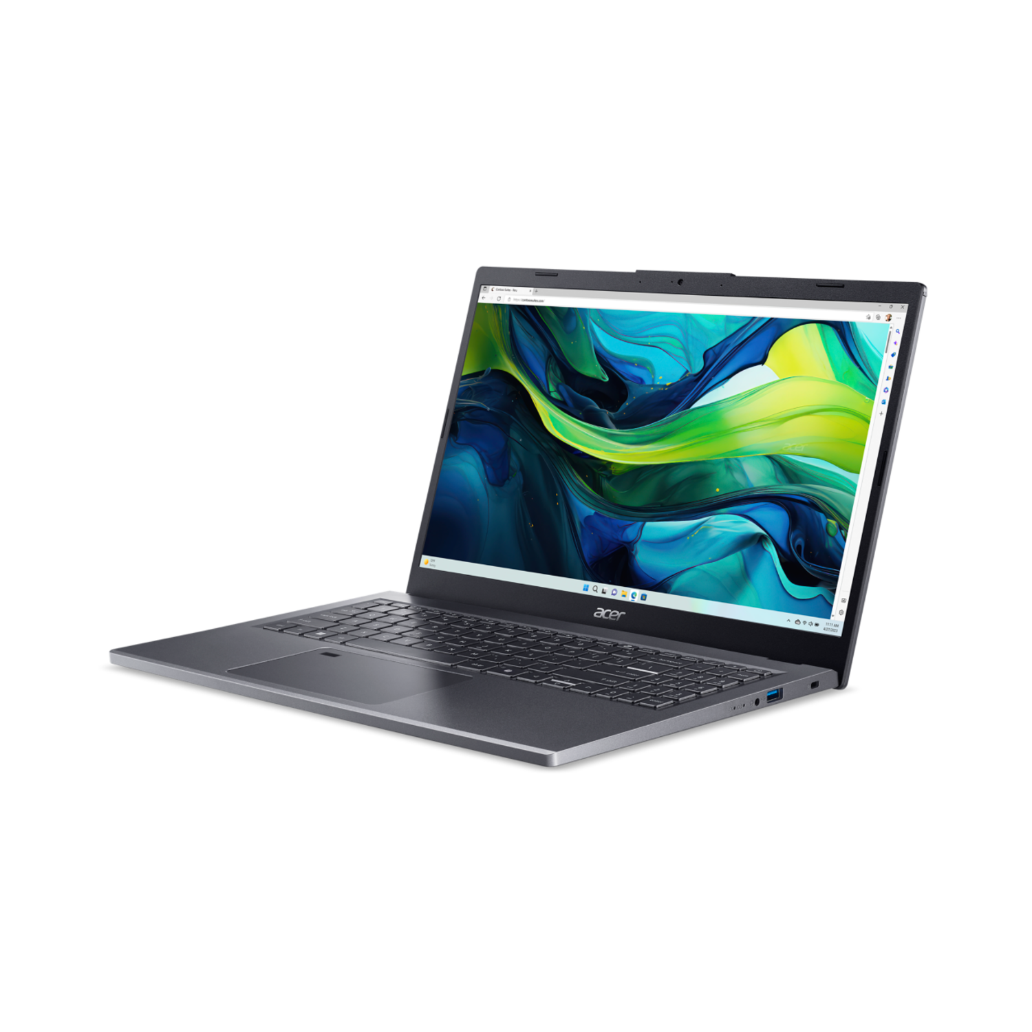Een grijze Acer laptop wordt in een hoek op een zwarte achtergrond getoond. Het scherm toont een kleurrijk ontwerp.