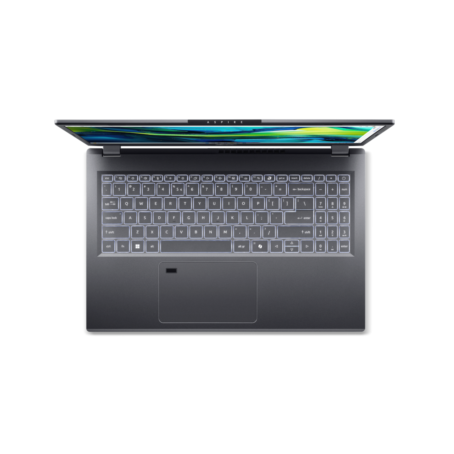 Laptop op zwart. Bovenaanzicht, open, met toetsenbord en scherm. Het scherm toont een kleurrijke weergave.