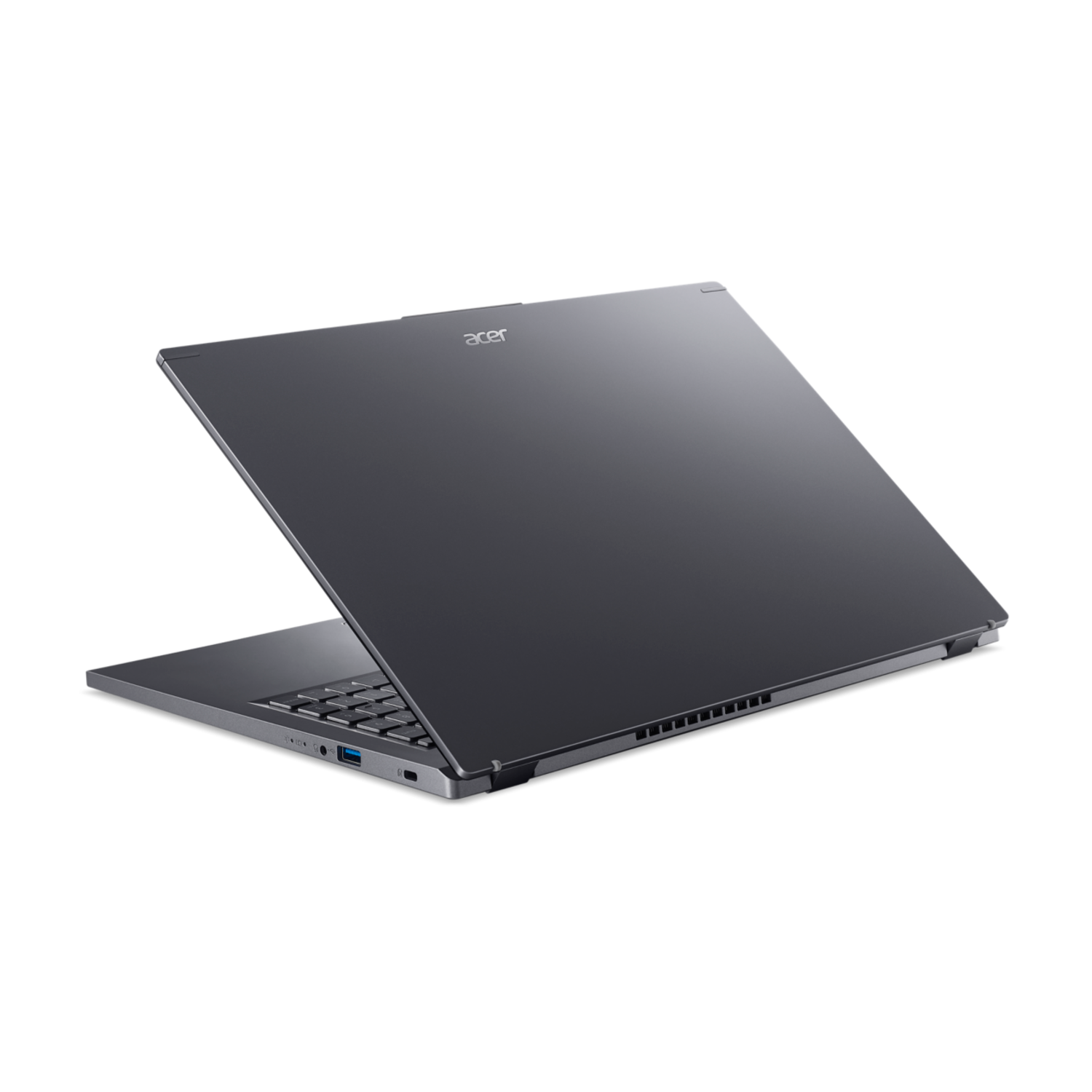 Donkere laptop, open, schuin om het toetsenbord en scherm te laten zien.
