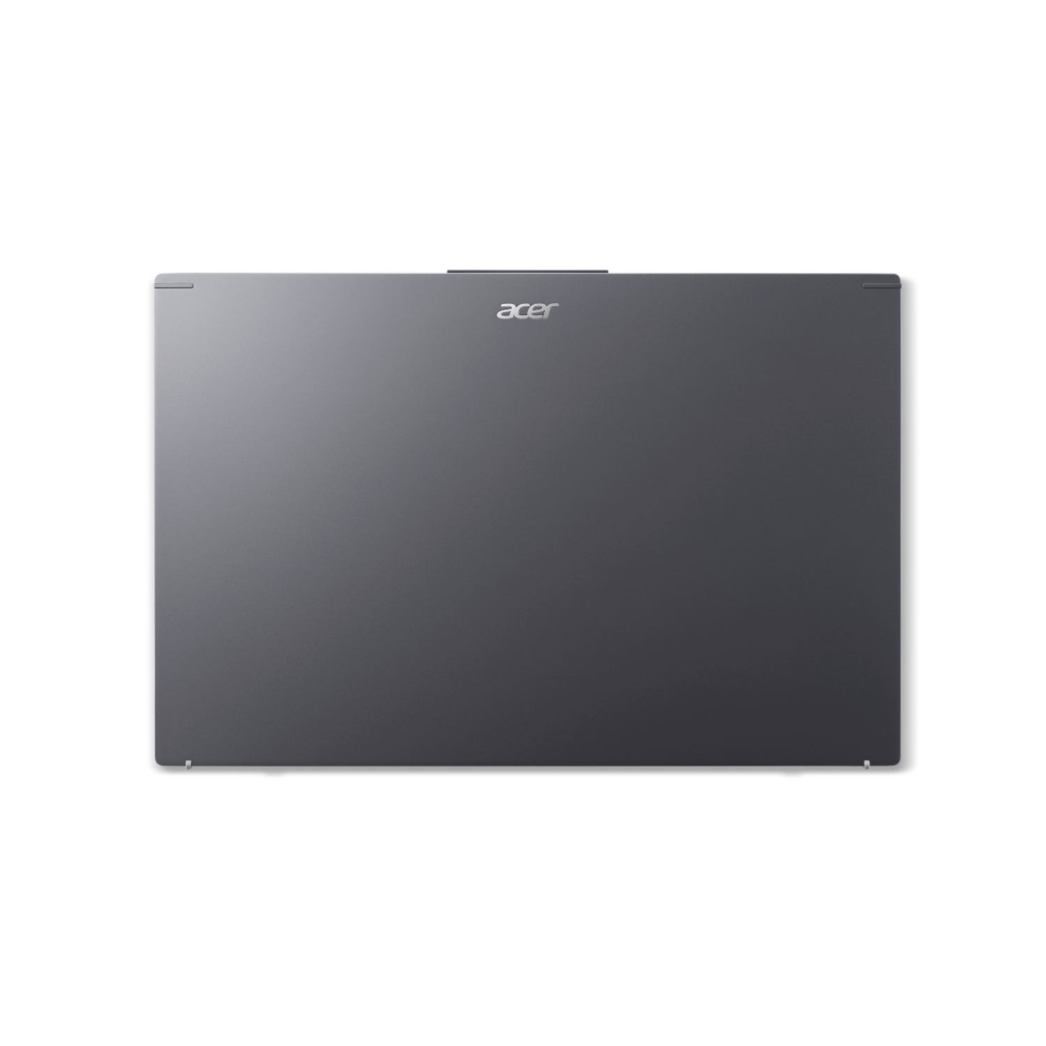 Bovenaanzicht van een grijze laptop op een zwarte achtergrond, Acer logo zichtbaar.
