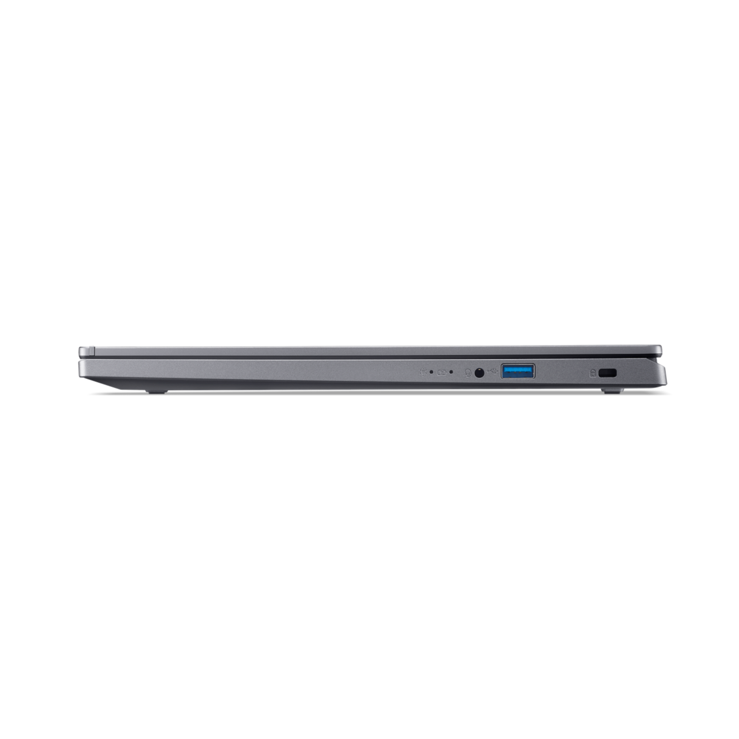 Zijaanzicht van een gesloten grijze laptop tegen een zwarte achtergrond. Poorten zichtbaar.