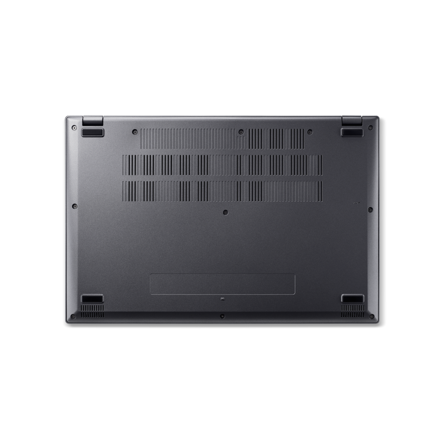 Onder aanzicht van een laptop. De laptop is grijs, met ventilatieopeningen en schroeven. De achtergrond is zwart.