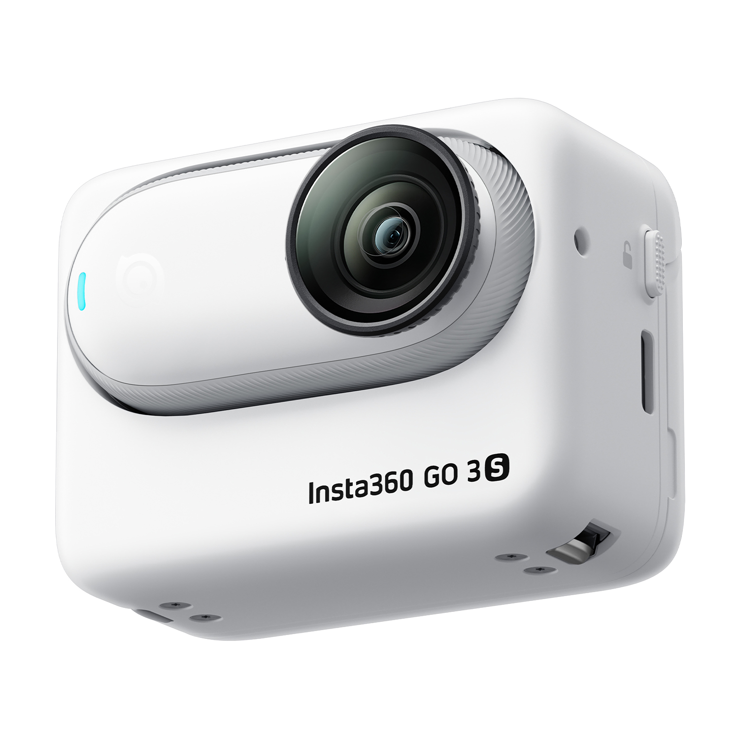 Videocamera d'azione bianca Insta360 GO 3S. Ha un obiettivo, un pulsante e una porta di ricarica.