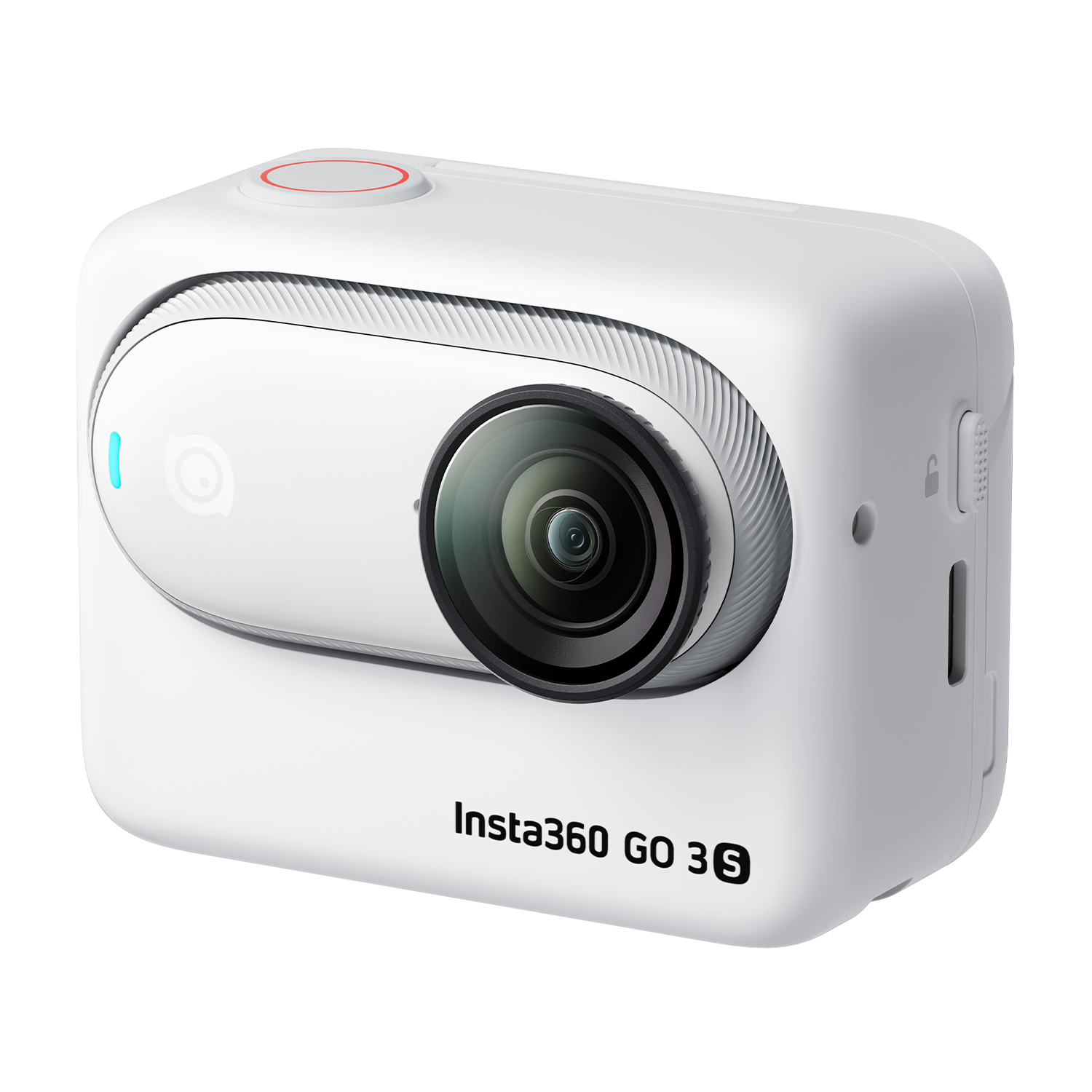 Una action cam Insta360 GO 3S bianca, con obiettivo, pulsante di accensione e nome del marchio.