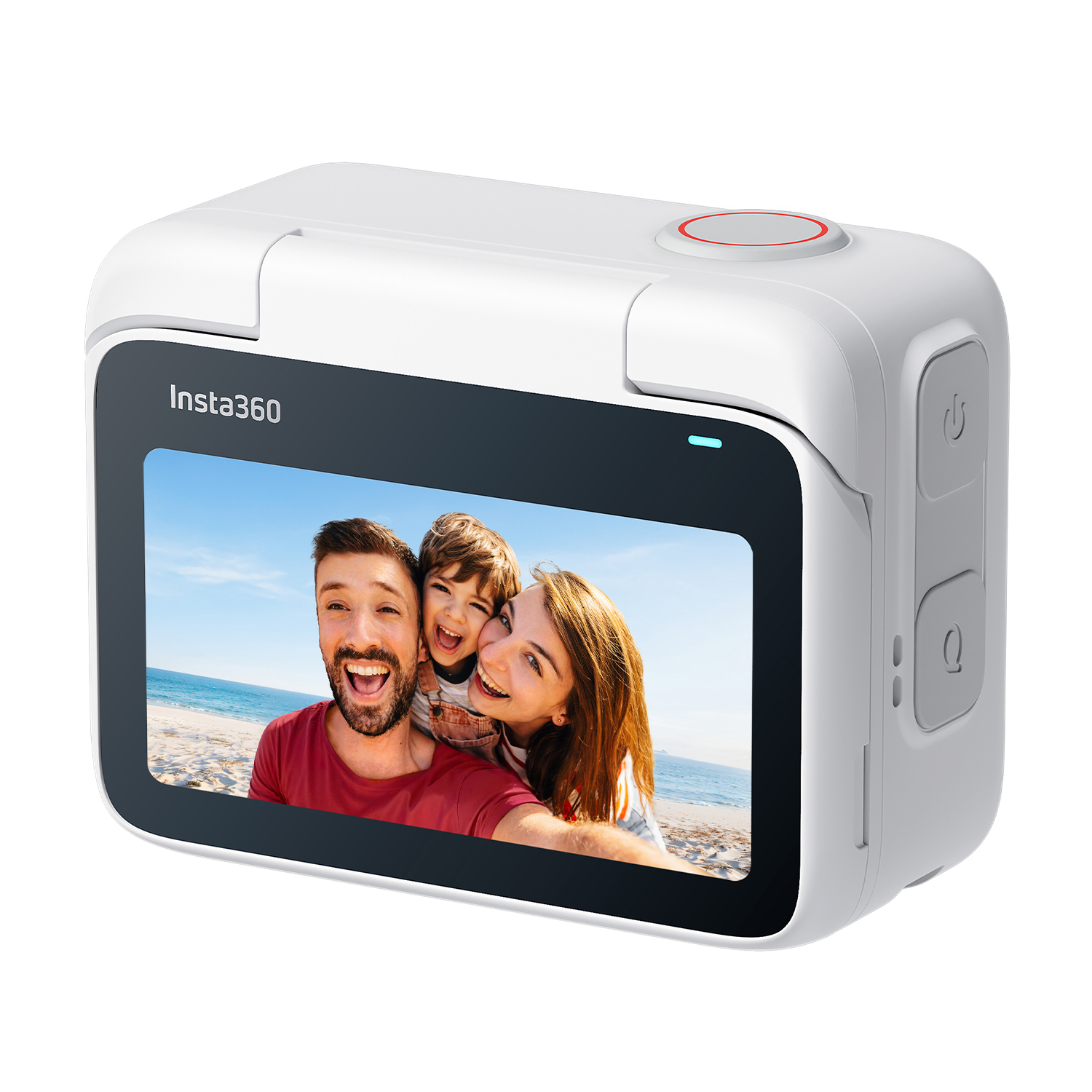 Action cam bianca che mostra una famiglia sullo schermo. I pulsanti sono sul lato.