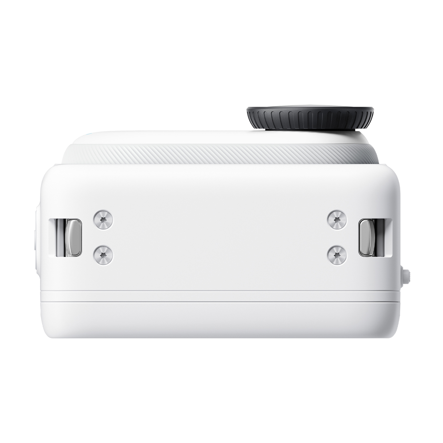 Una action camera bianca. Ha un pulsante superiore e due pulsanti laterali. Il design è semplice e compatto.