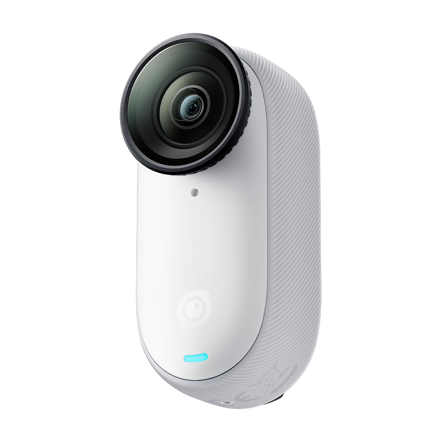 Una action cam bianca e grigia con obiettivo e luce blu.