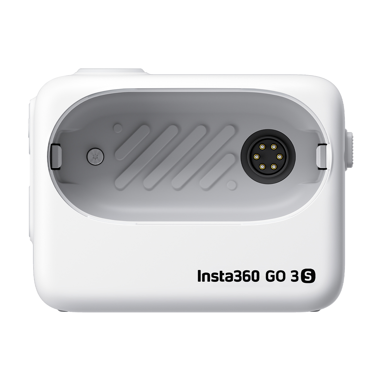Una fotocamera d'azione Insta360 GO 3S bianca con la sua custodia di ricarica.