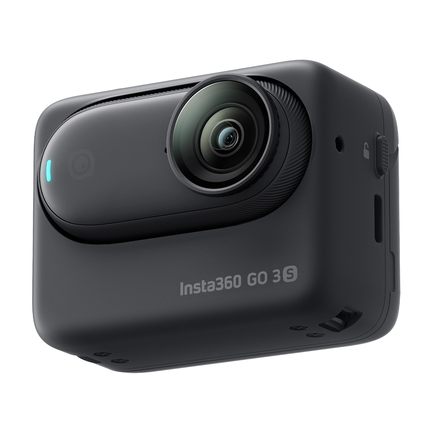 Una fotocamera nera Insta360 GO 3S, con obiettivo, pulsanti e il logo Insta360 visibile.