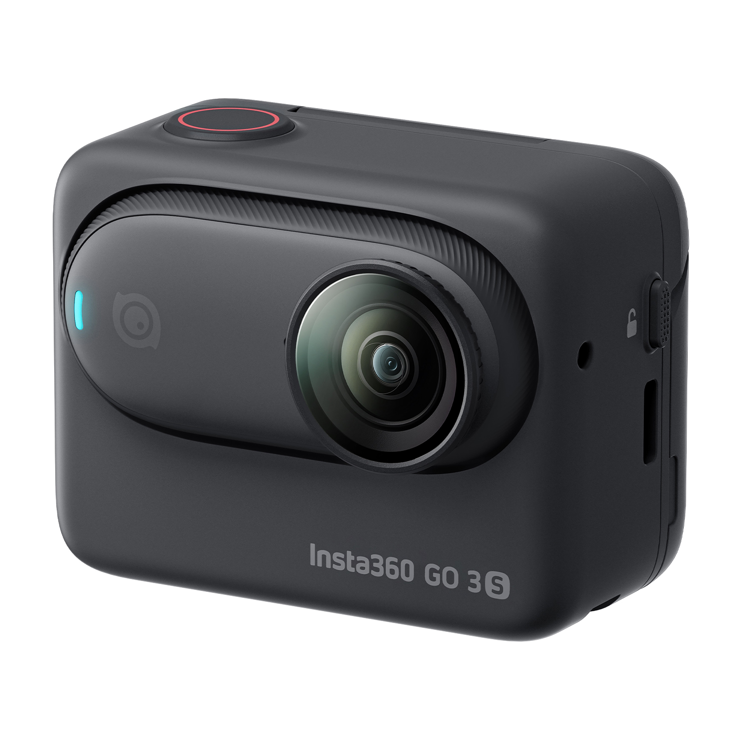 Action cam nera con un obiettivo e il logo Insta360 GO 3S.