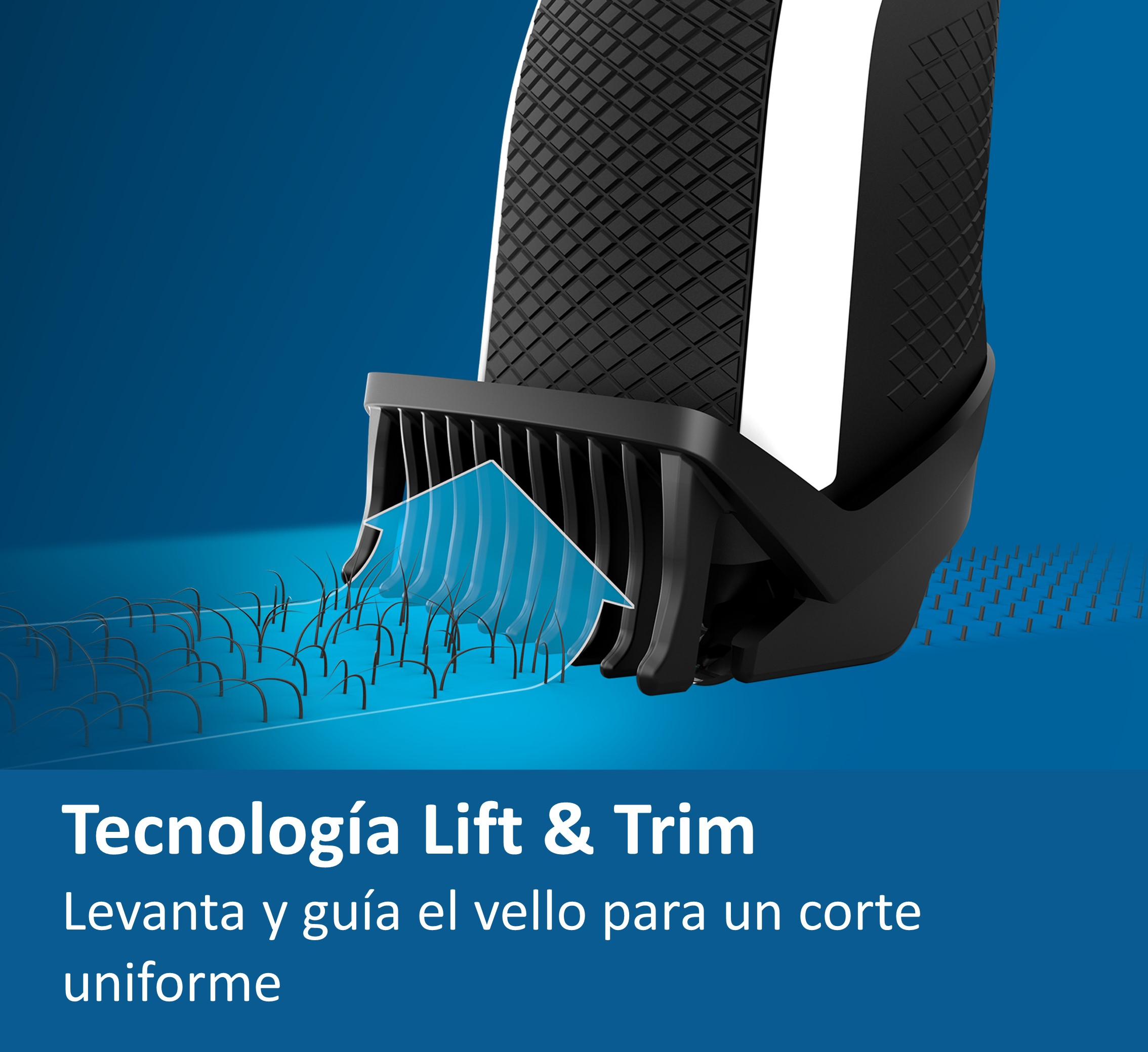 Primer plano de una afeitadora eléctrica en blanco y negro. La flecha muestra el vello levantándose y recortándose.