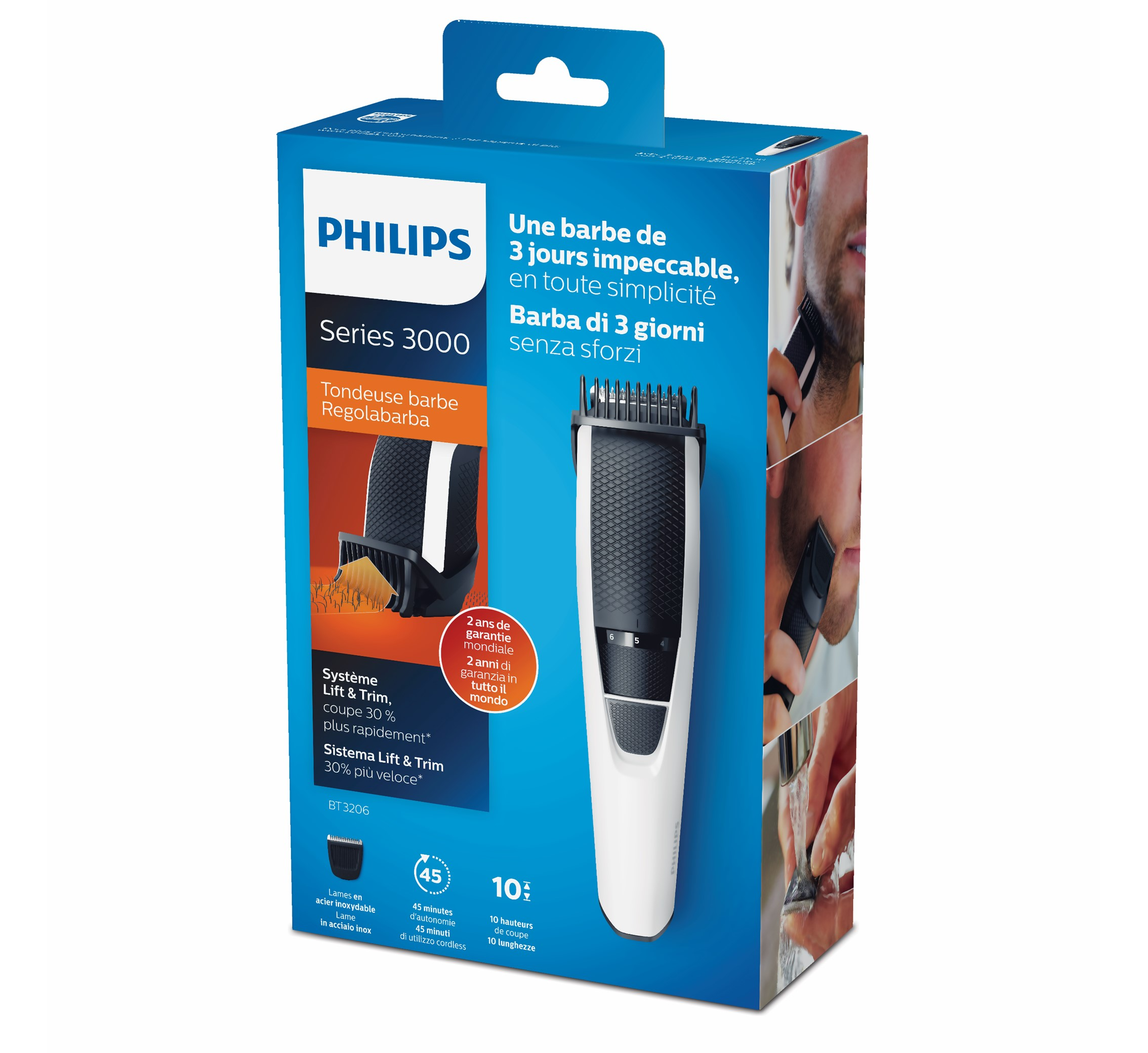 Caja del recortador Philips Series 3000. Muestra el recortador con diferentes longitudes y un hombre afeitándose.