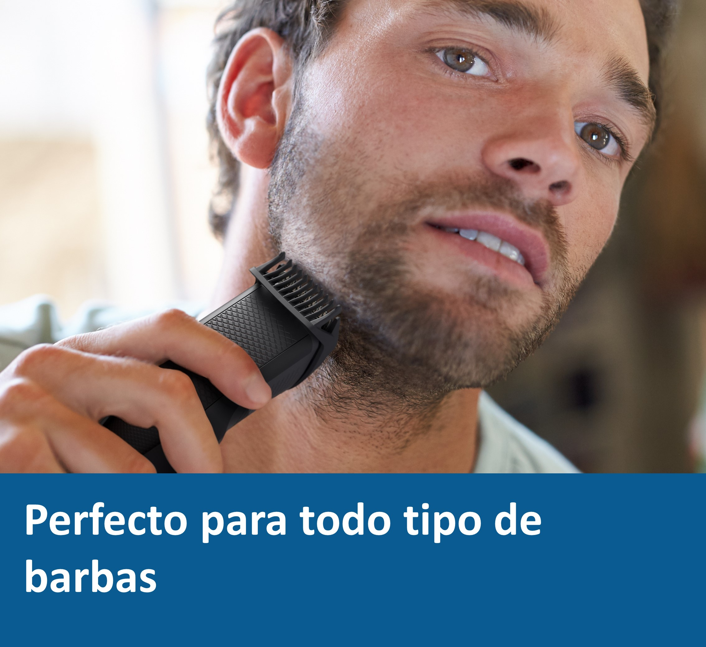 Hombre afeitándose barba con recortador eléctrico, con texto: "Perfecto para todo tipo de barbas".