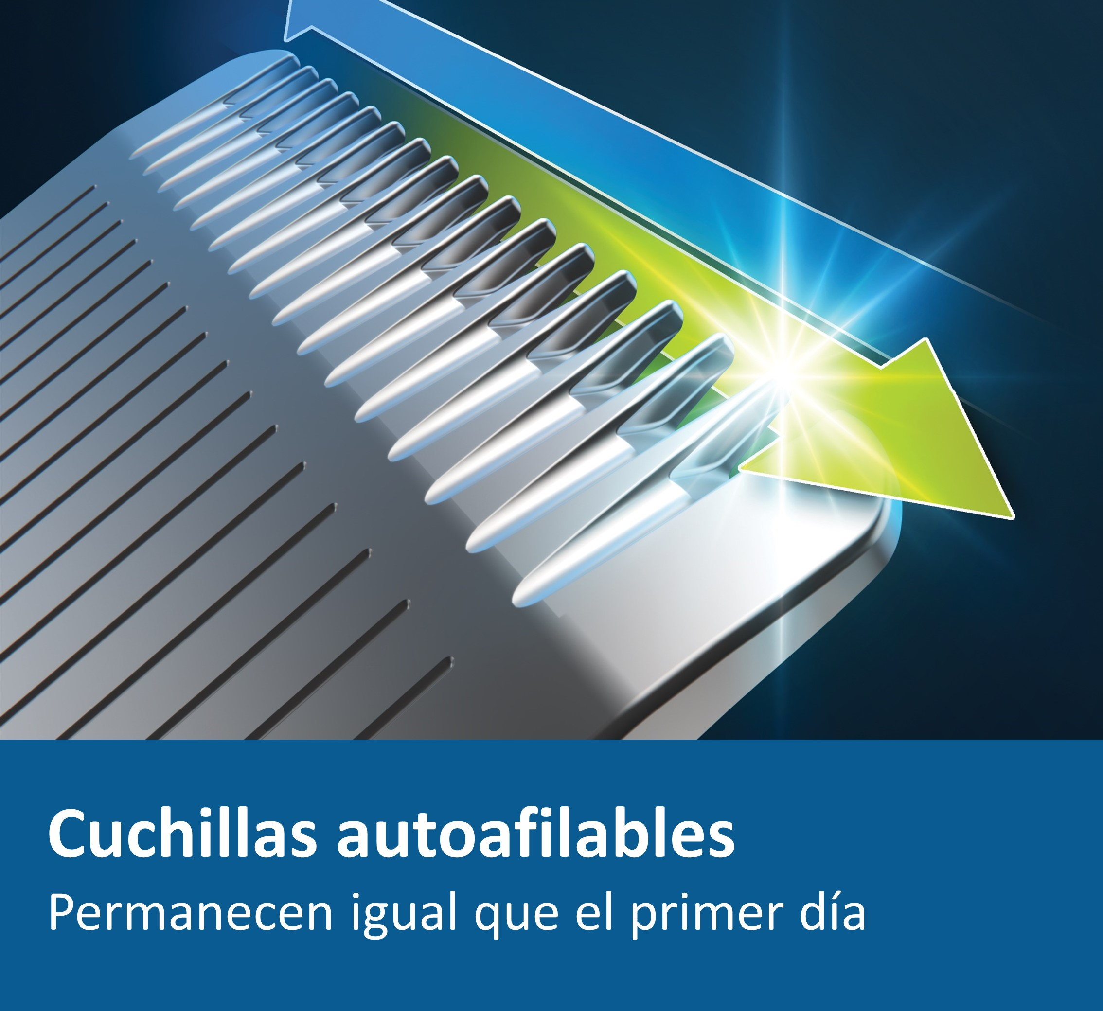 Primer plano de un cabezal de afeitadora con cuchillas y una flecha verde que indica afilado.