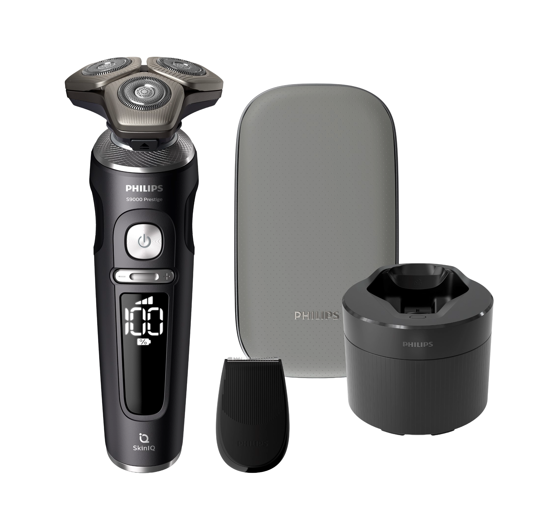Set de afeitadora Philips. Afeitadora negra, base de carga, estuche de viaje y cepillo de limpieza.