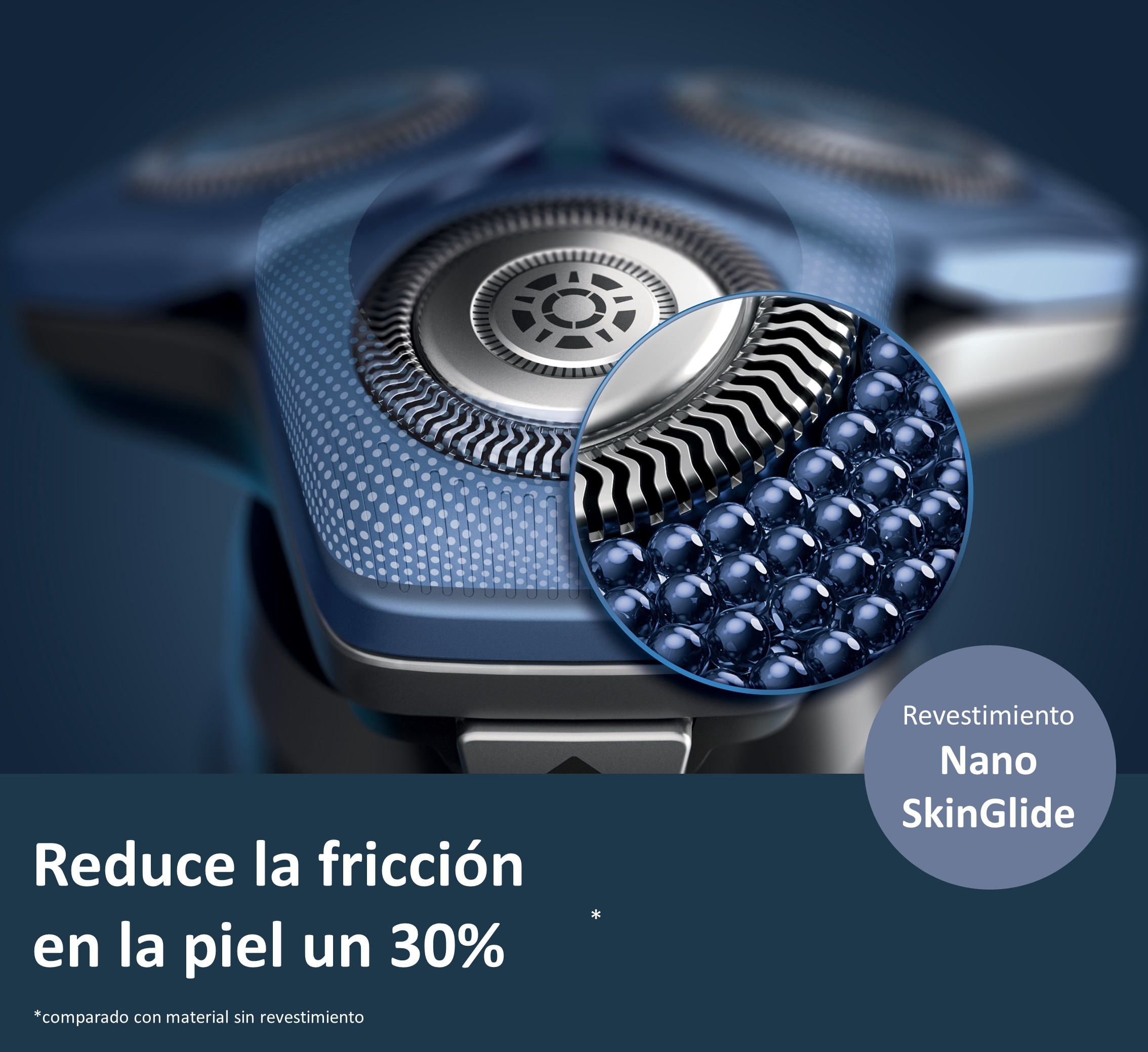 Primer plano de un producto de afeitado, con el texto Reduce la fricción en la piel un 30%.