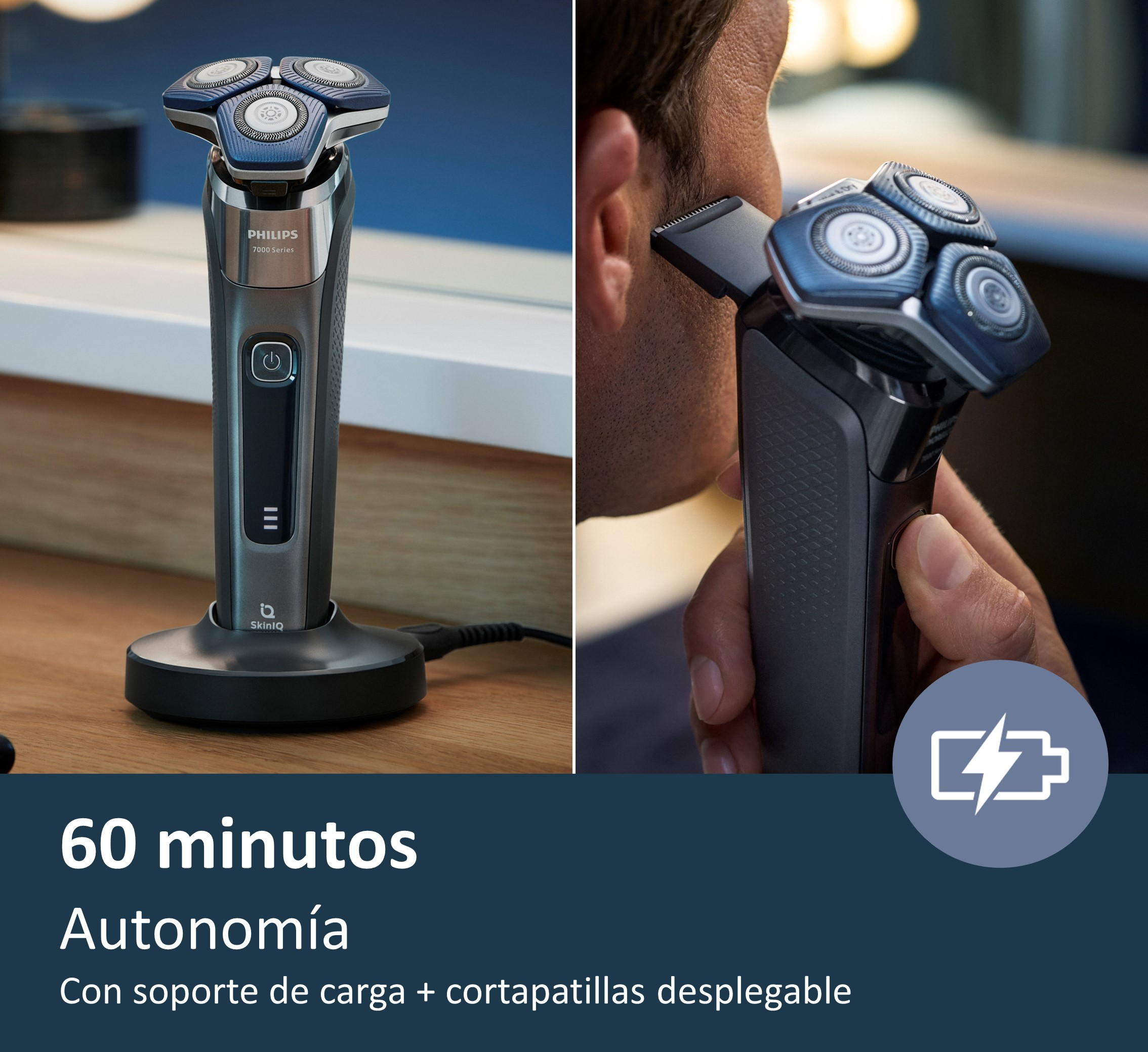 Primer plano de cuchillas recortadoras con flecha naranja, DualCut.