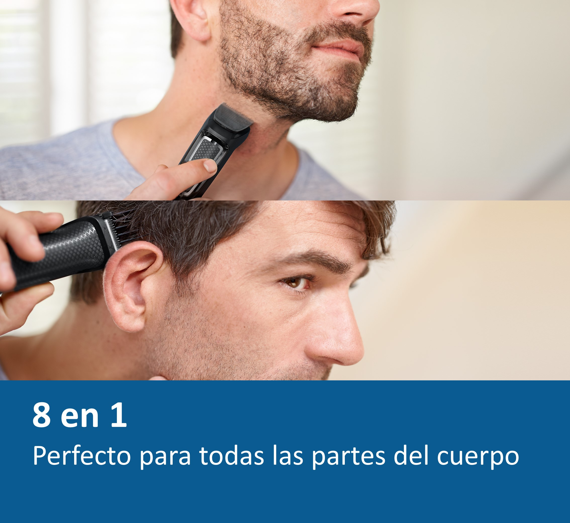 Hombre afeitándose, primer plano de cara y cuello, usando afeitadora eléctrica.