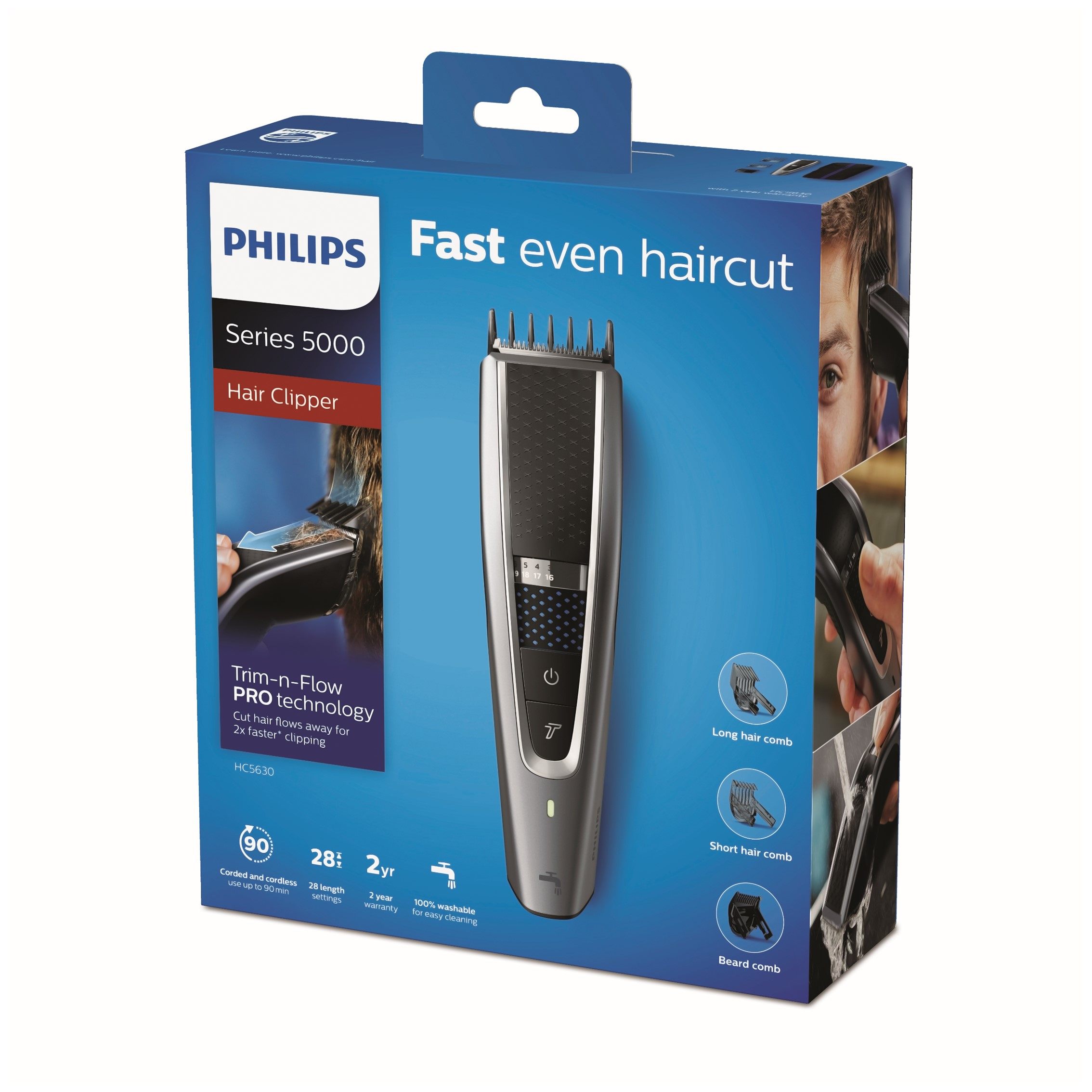 Una caja de cortapelos Philips. La caja muestra la cortadora y el cabello cortado.