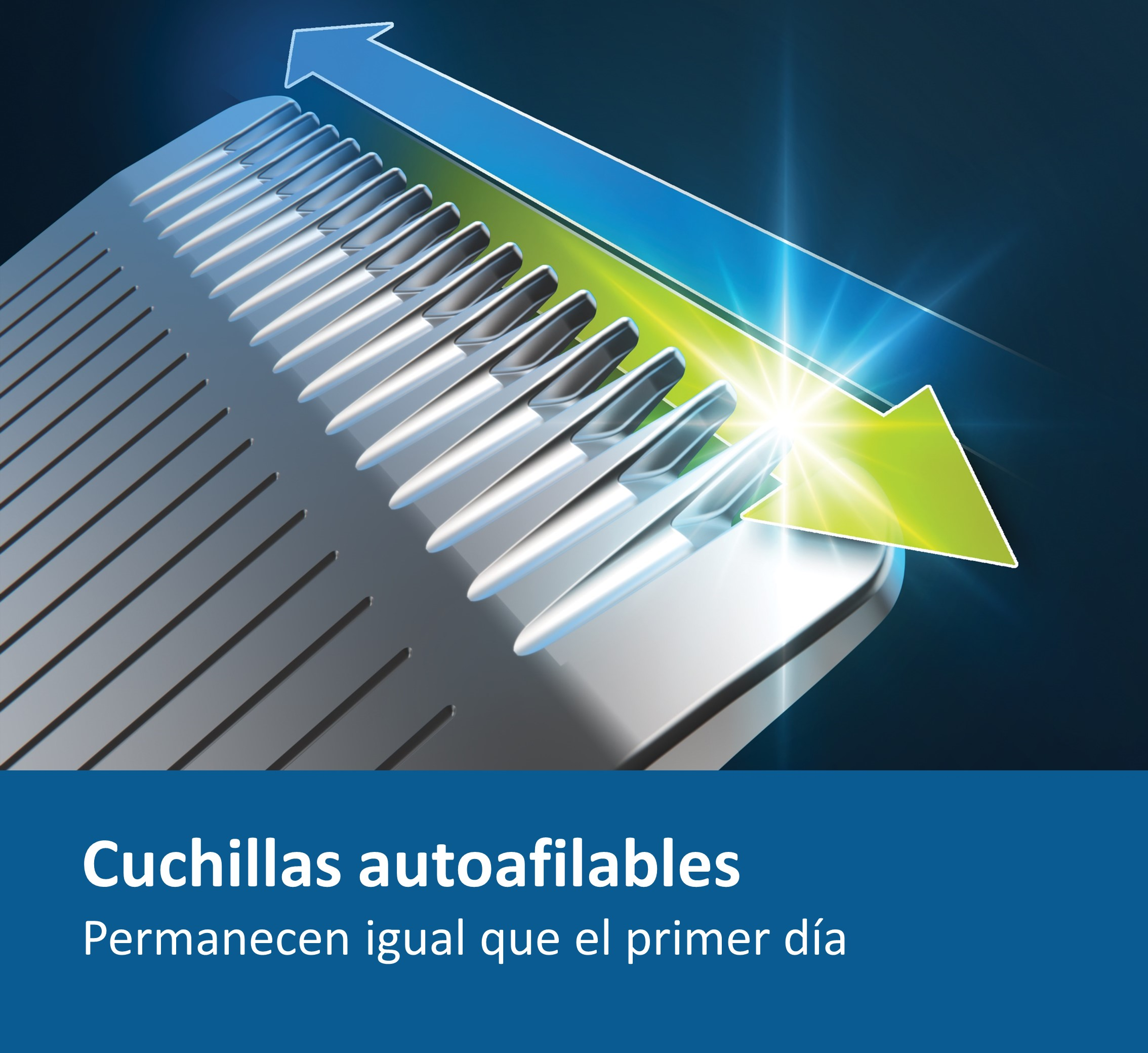 Primer plano de las cuchillas de una cortadora de cabello, con flechas y efectos de luz.