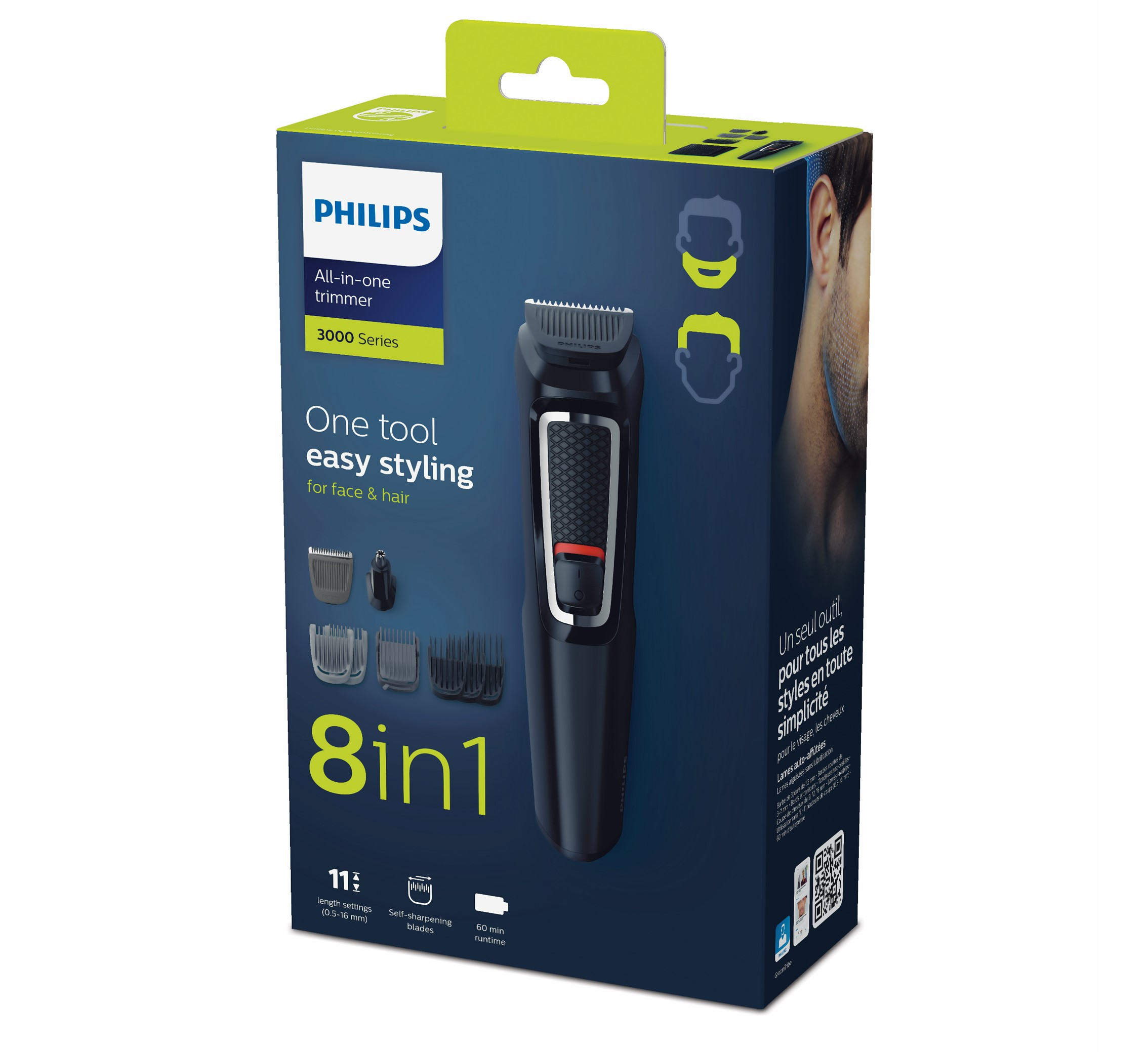 Recortador Philips en caja con accesorios, promoviendo un fácil peinado para rostro y cabello.