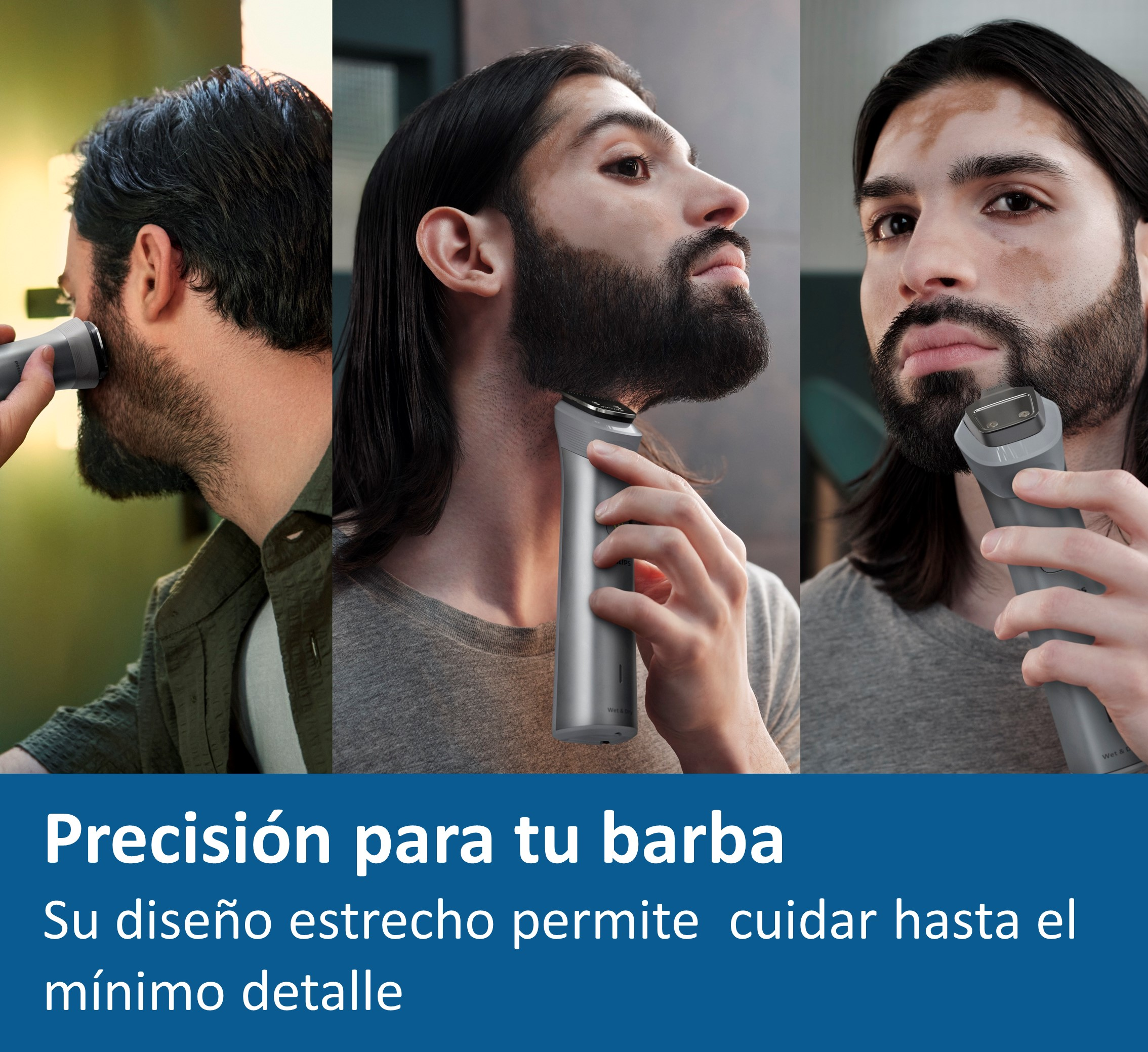 Tres imágenes muestran a un hombre afeitándose la barba con una afeitadora eléctrica plateada, con texto sobre precisión.