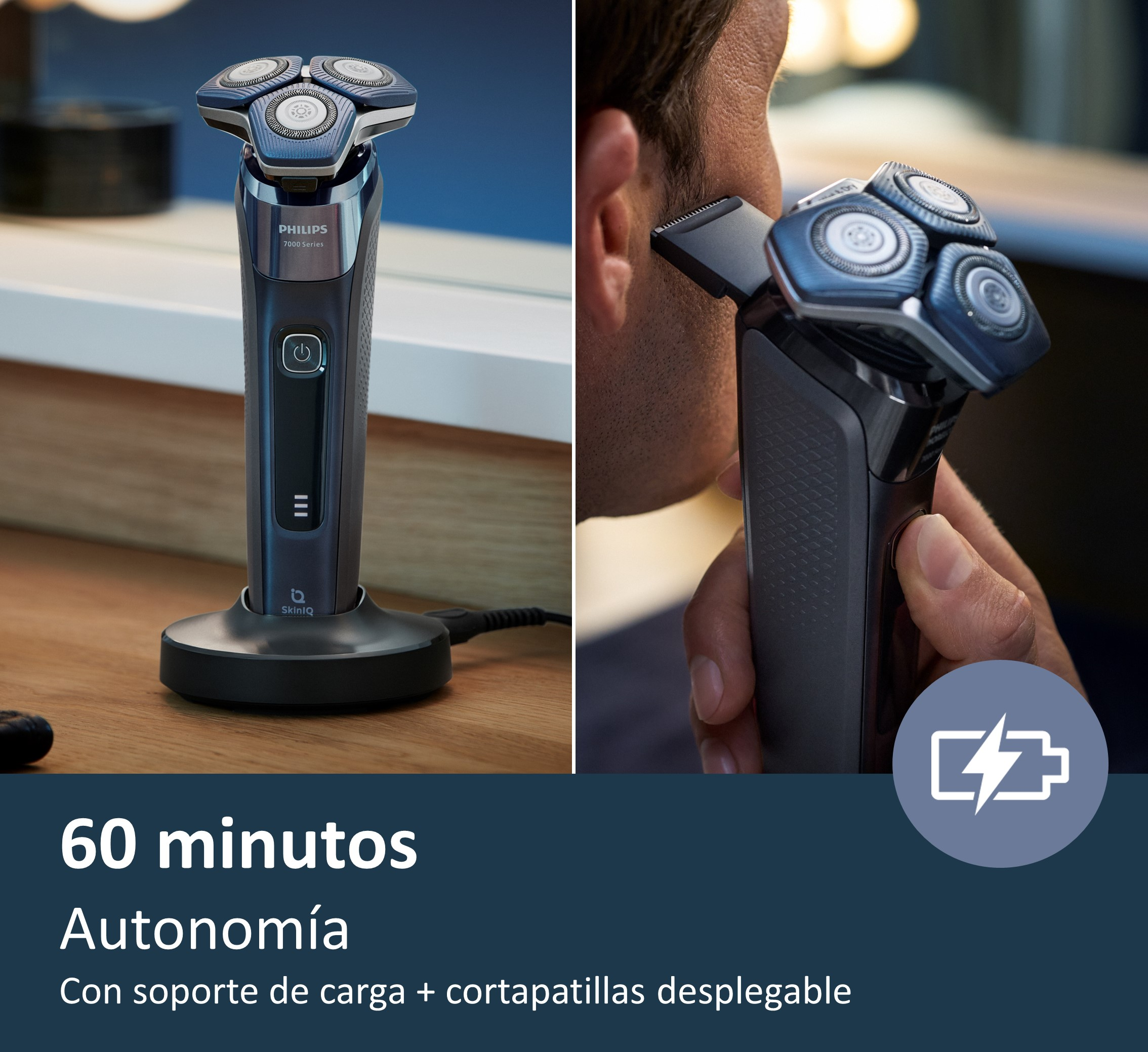 Anuncio afeitadora Philips. Afeitadora en soporte, hombre afeitándose, texto: 60 min. autonomía.