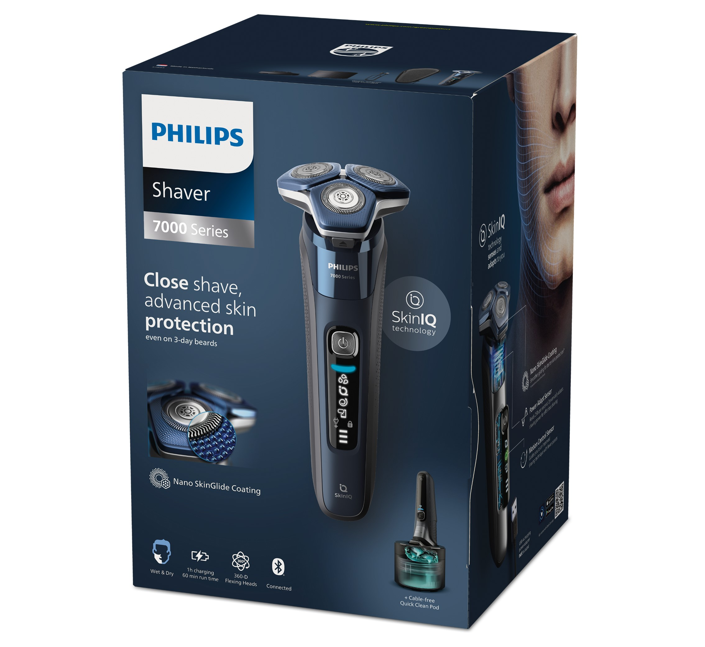 Afeitadora Philips en caja con promesa de afeitado apurado y características.