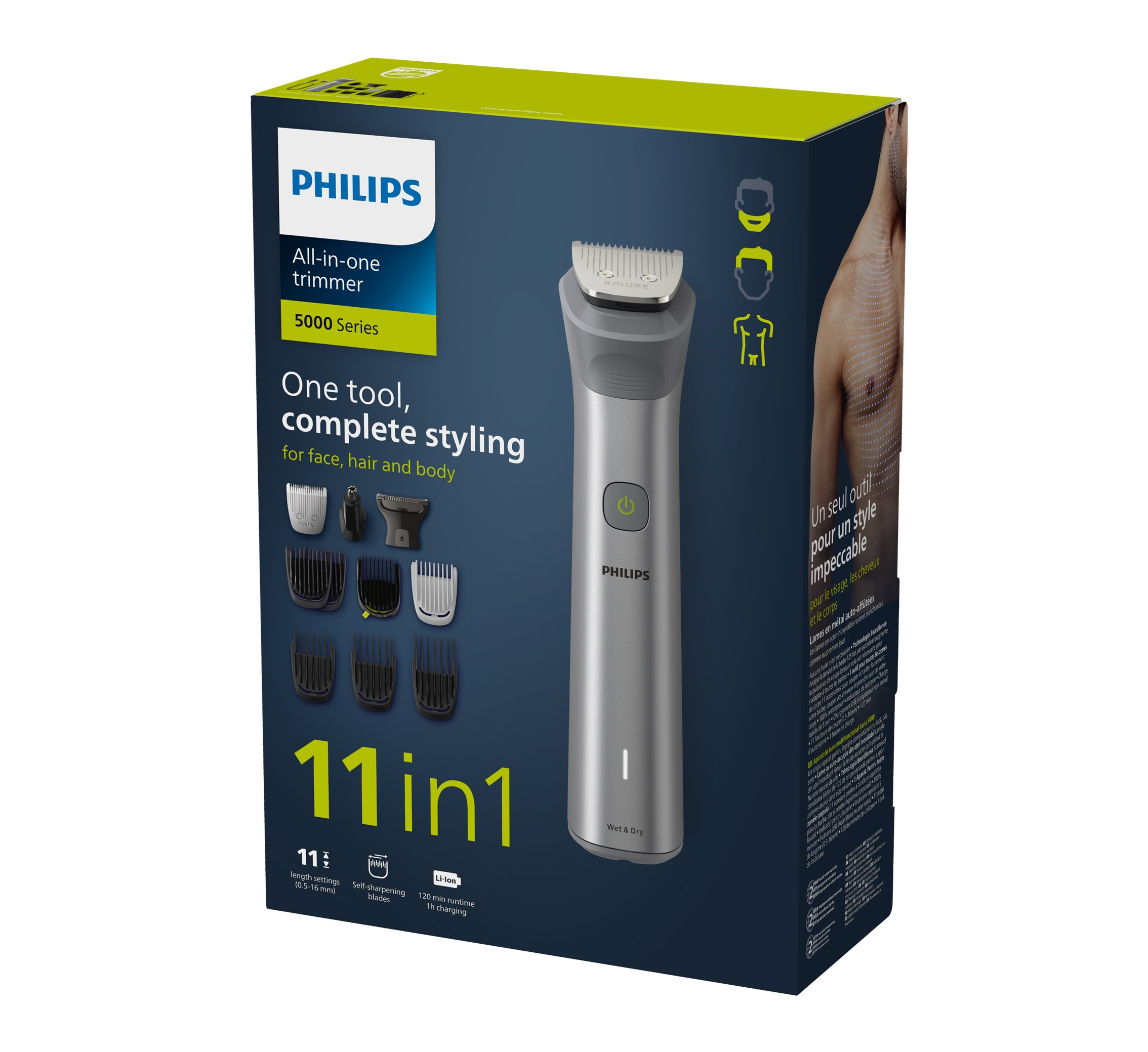 Caja del recortador Philips todo en uno. Muestra un recortador, accesorios y texto.
