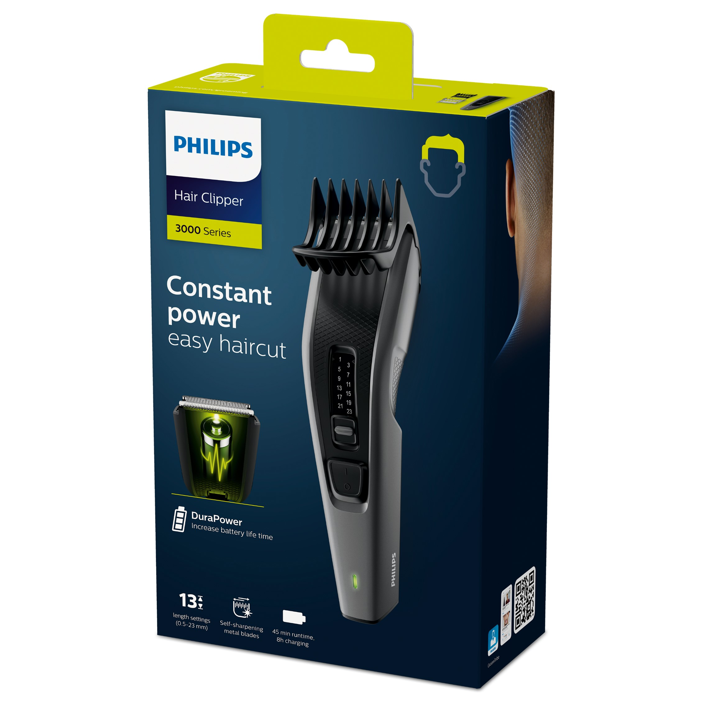 Caja de cortapelos Philips. La cortadora es negra con pantalla, junto a una imagen de las cuchillas.