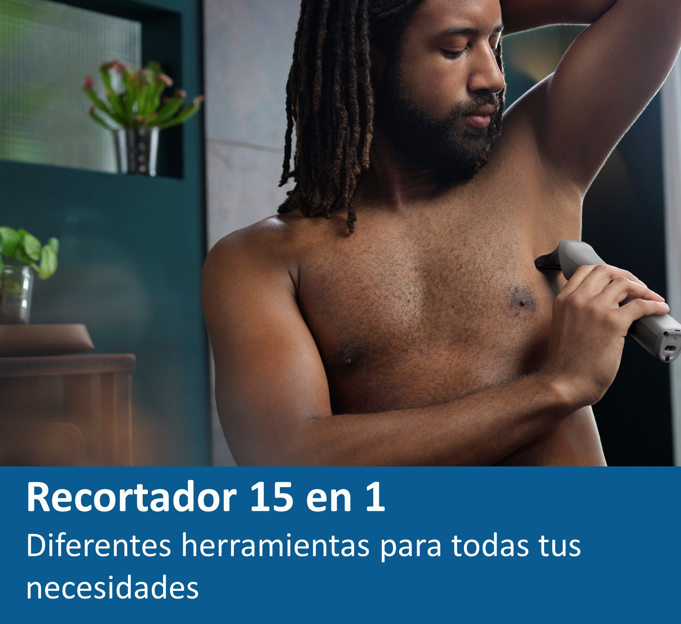 Un hombre se recorta la axila con una recortadora, con el texto 'Recortador 15 en 1' y 'Diferentes herramientas'.