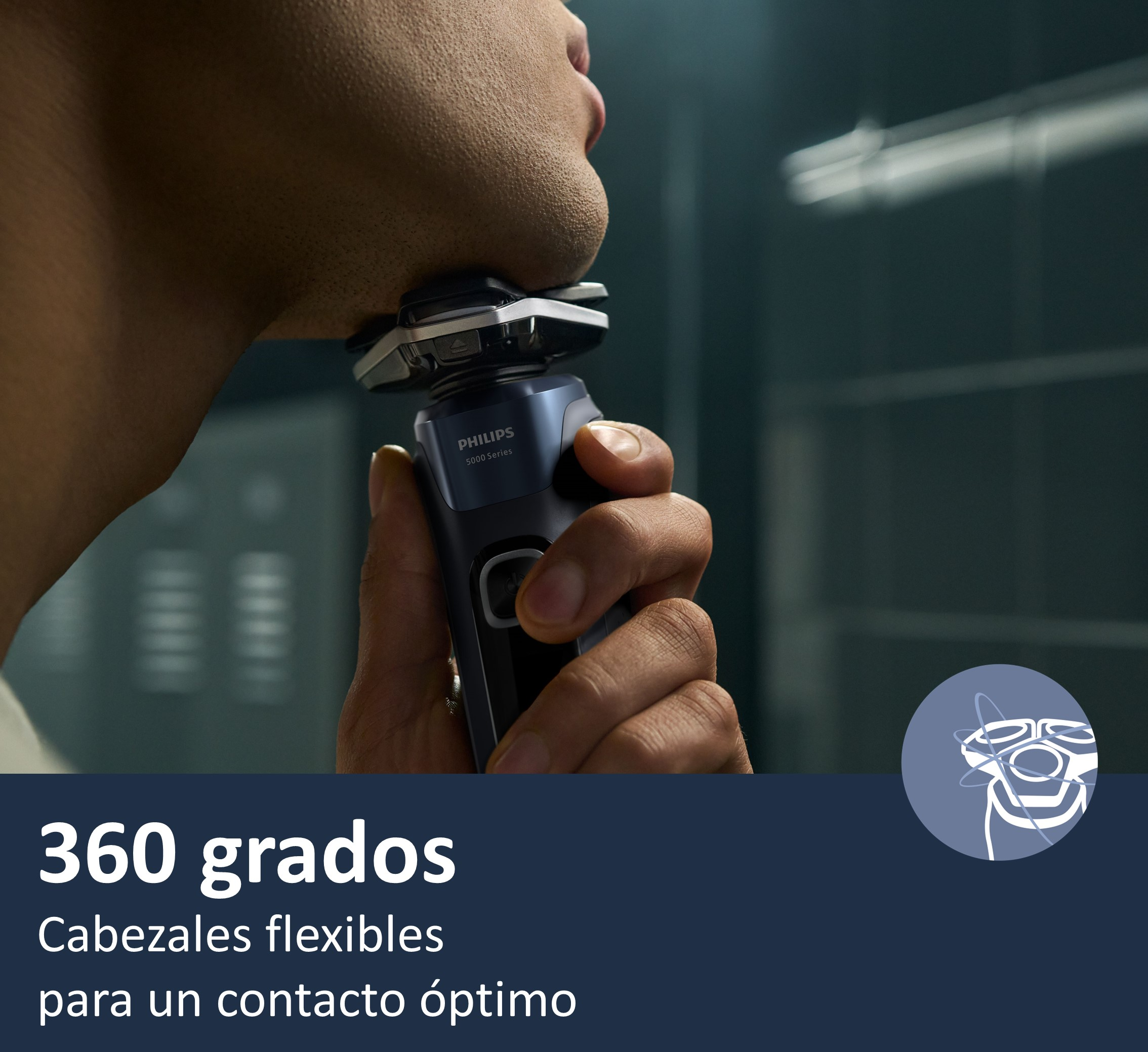 Hombre afeitándose con una afeitadora Philips, texto: '360 grados'.
