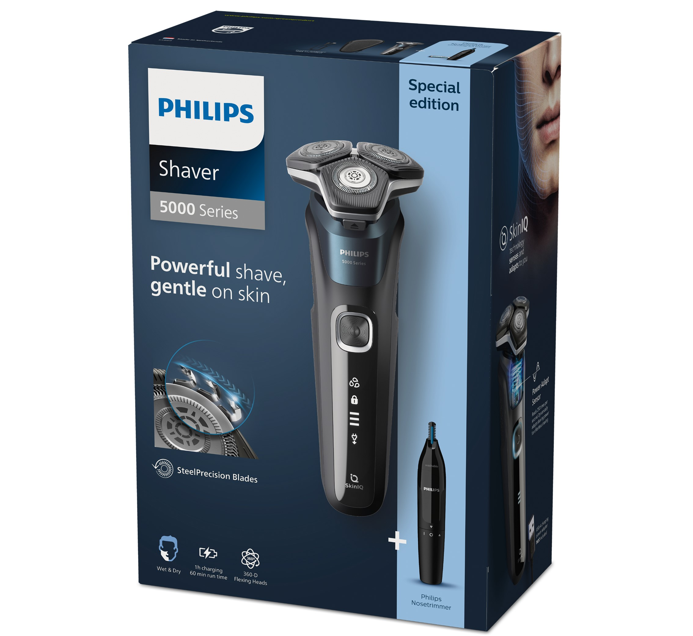 Caja con afeitadora Philips, logo Philips y un modelo. Contiene afeitadora, recortador nasal y texto sobre piel.