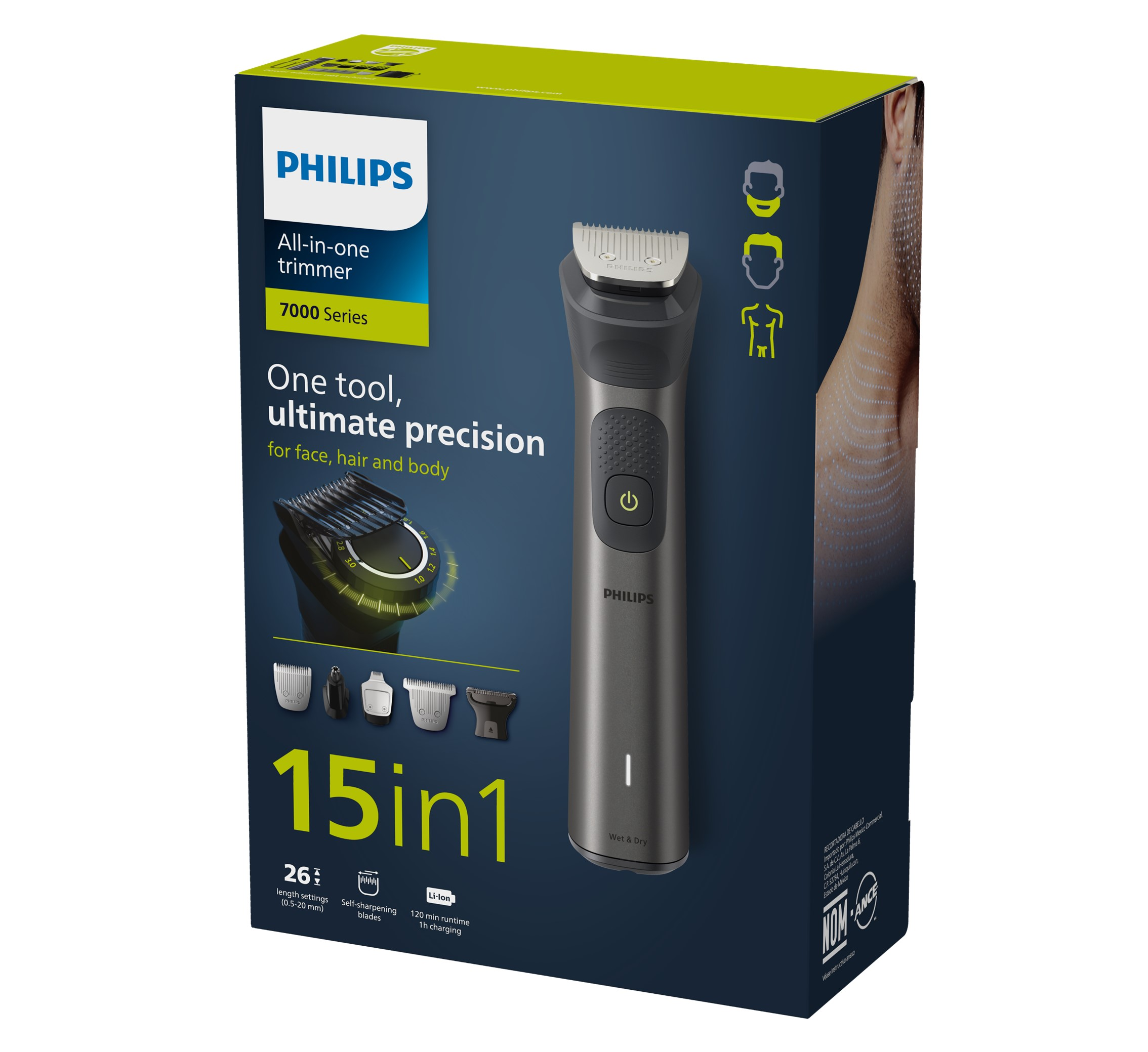 Una caja del recortador Philips todo en uno. Muestra la recortadora y los accesorios. El texto describe las características del producto.
