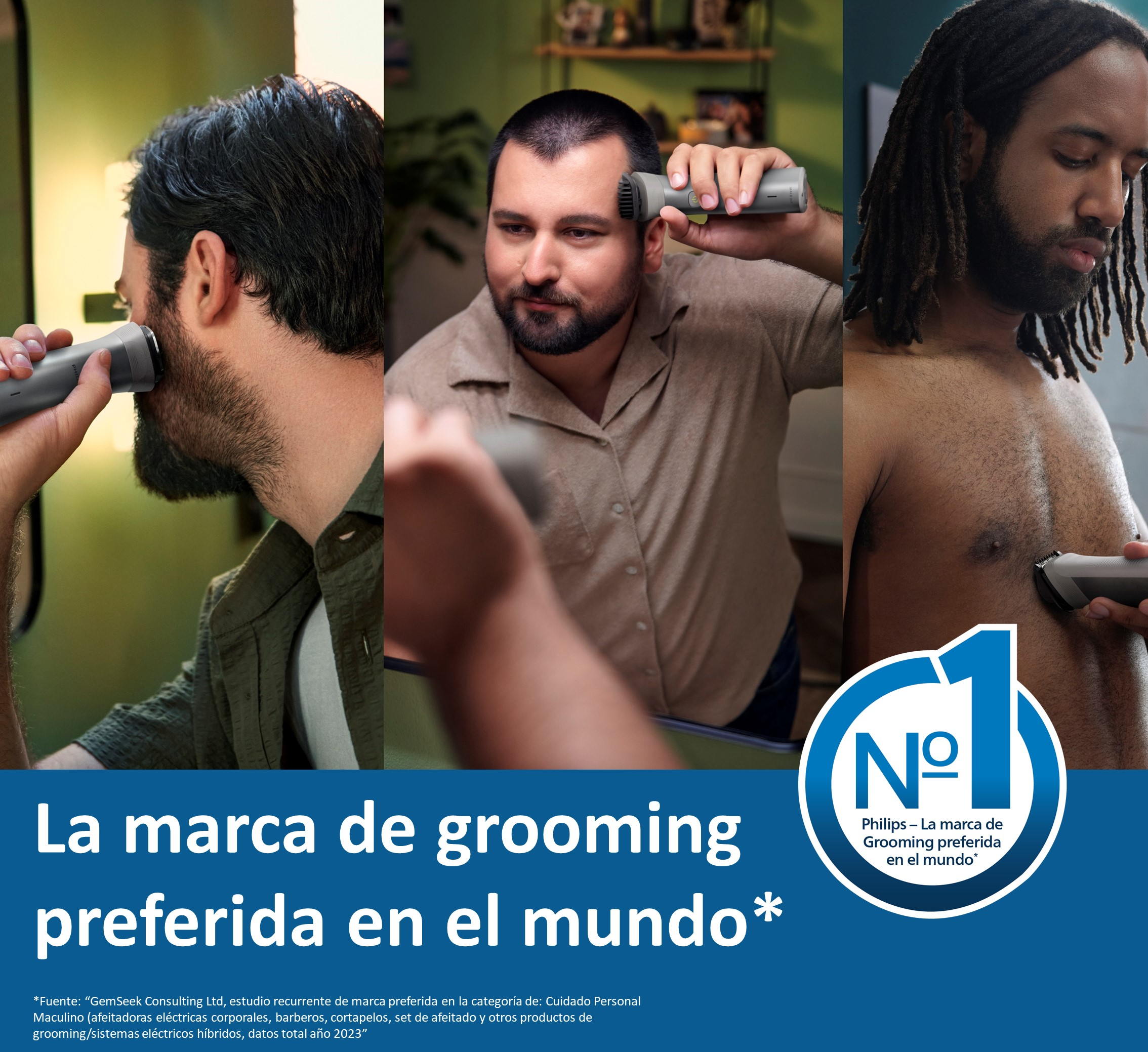 Hombres usando afeitadoras en la cara, barba y cuerpo. Texto: La marca de grooming preferida en el mundo.