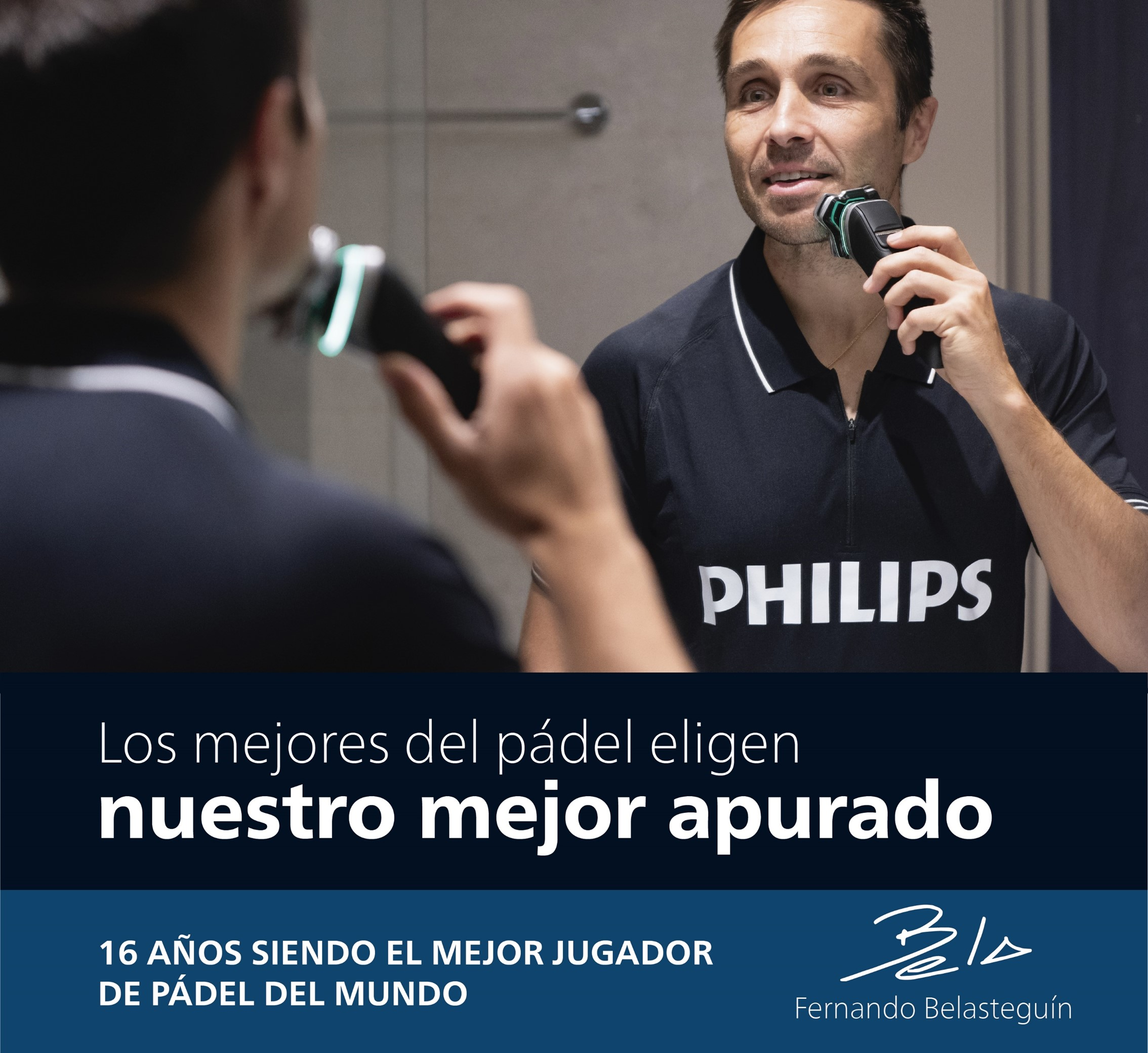 Hombre afeitándose con una afeitadora Philips, espejo reflejando la acción y texto abajo.