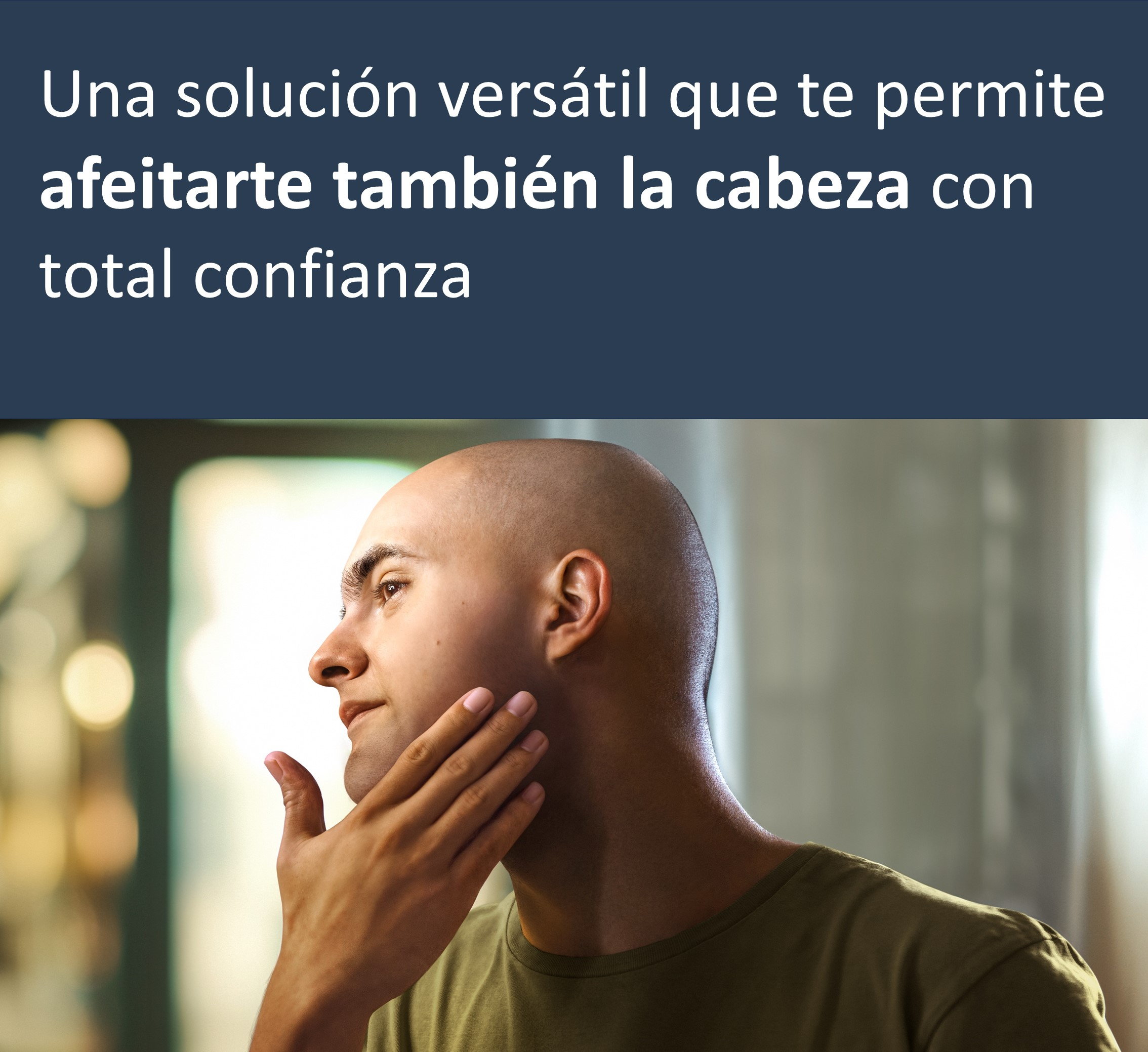 Hombre tocándose la cara, texto publicitario sobre afeitarse la cabeza.